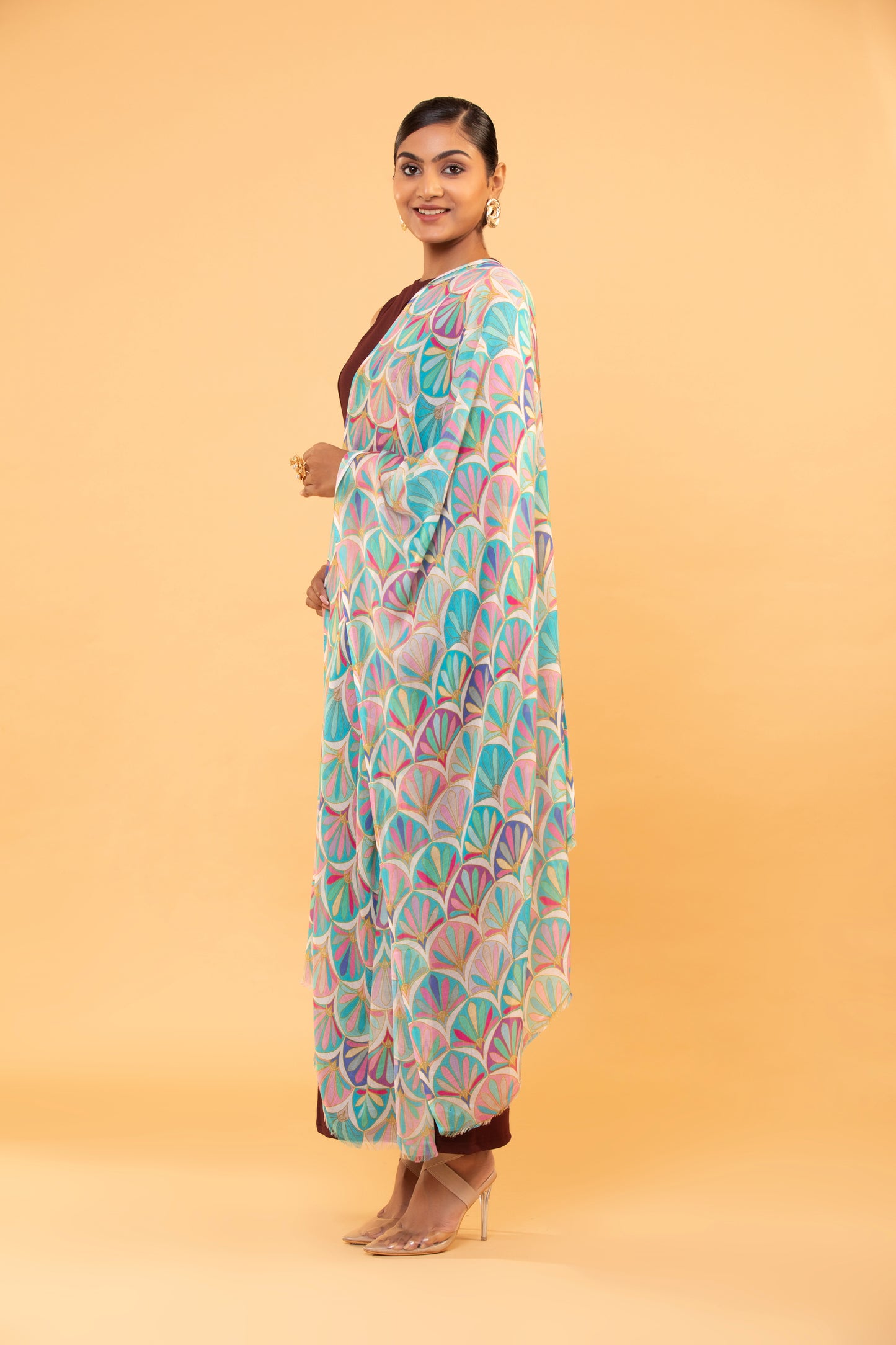 mermaid print shawl, multi-color wool shawl, women’s printed shawl, elegant mermaid design, fine wool scarf