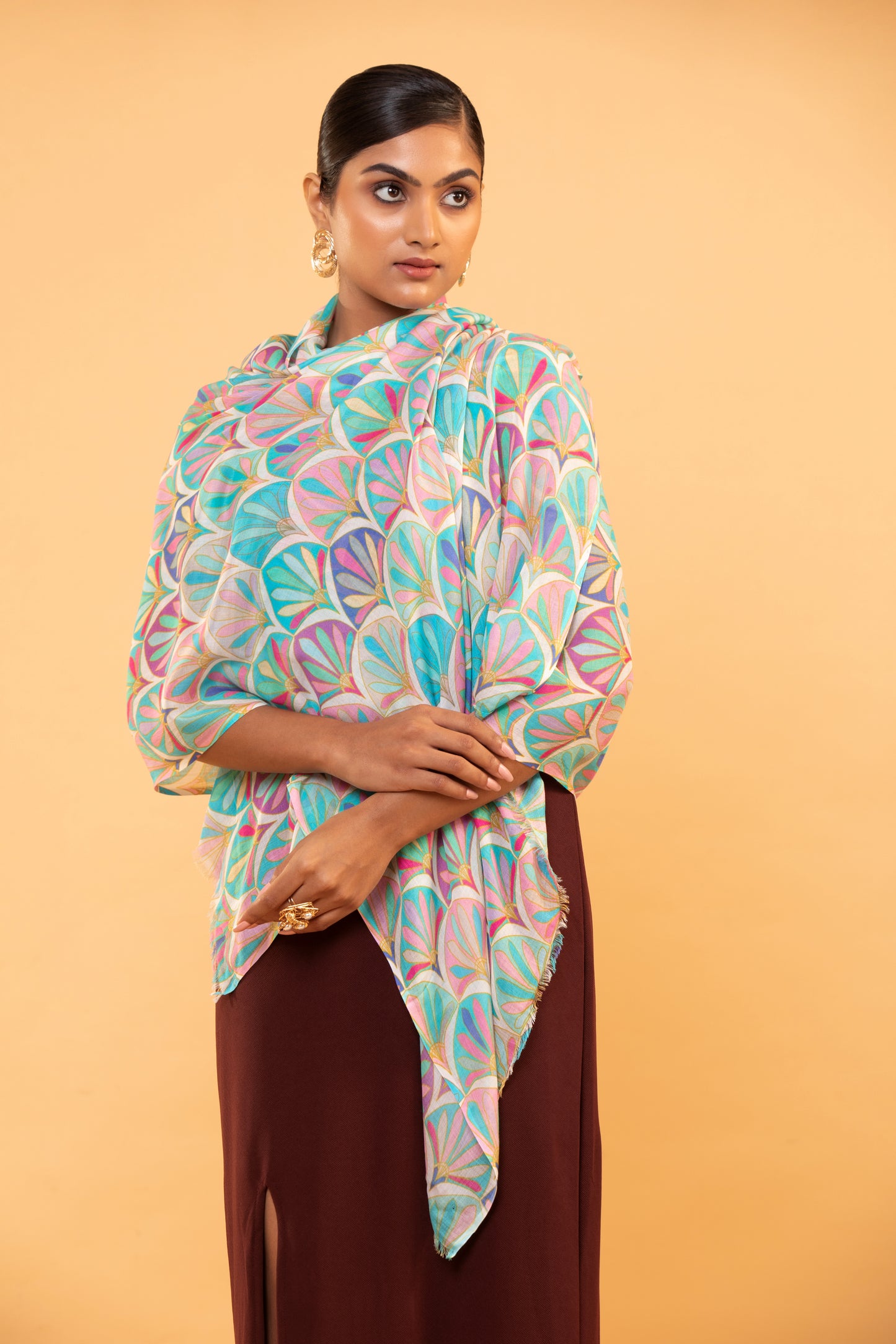mermaid print shawl, multi-color wool shawl, women’s printed shawl, elegant mermaid design, fine wool scarf