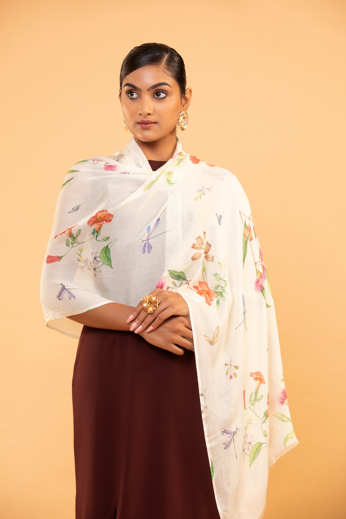 fine wool shawl, floral print wrap, women's wool scarf, elegant shawl, lightweight wrap