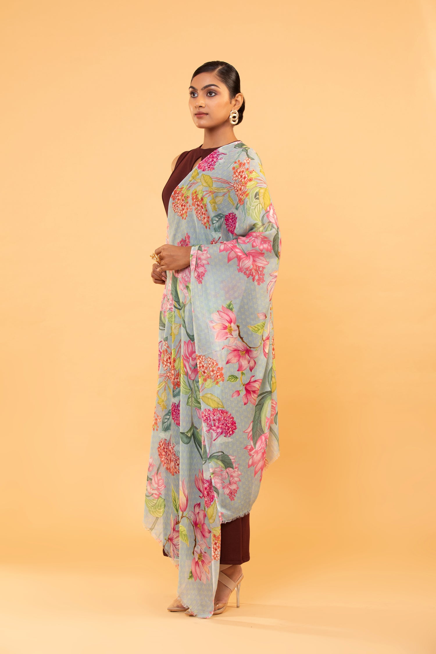 fine wool shawl, floral wool wrap, women's lightweight scarf, elegant shawl, floral design shawl