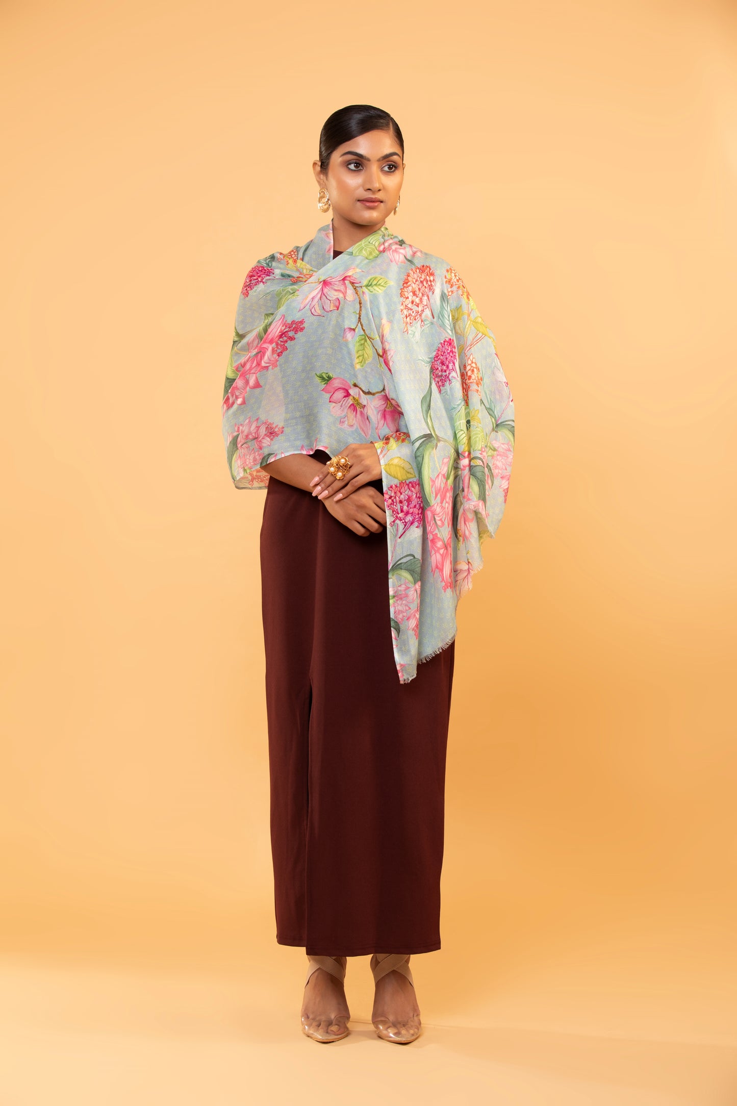 fine wool shawl, floral wool wrap, women's lightweight scarf, elegant shawl, floral design shawl