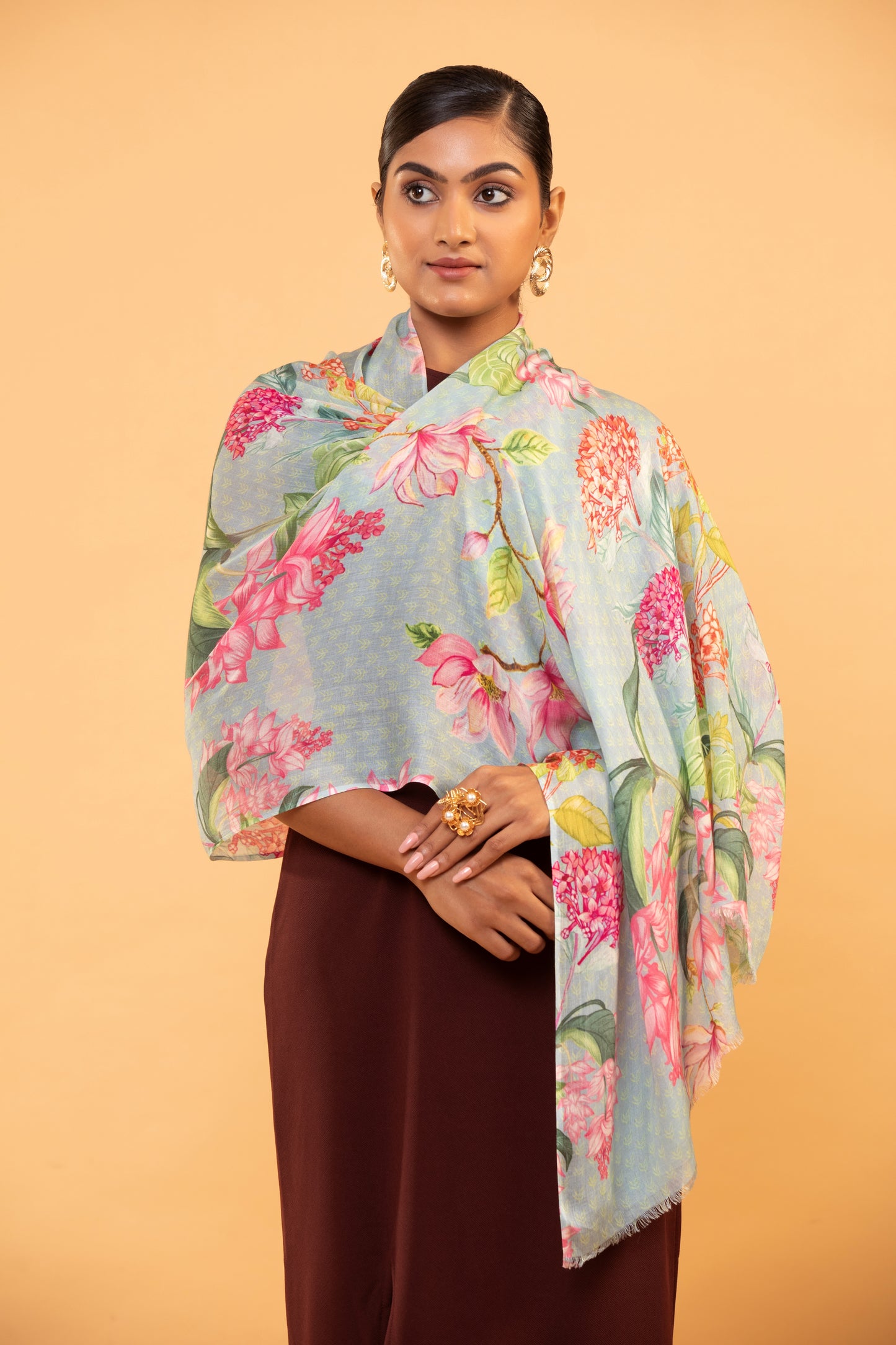 fine wool shawl, floral wool wrap, women's lightweight scarf, elegant shawl, floral design shawl