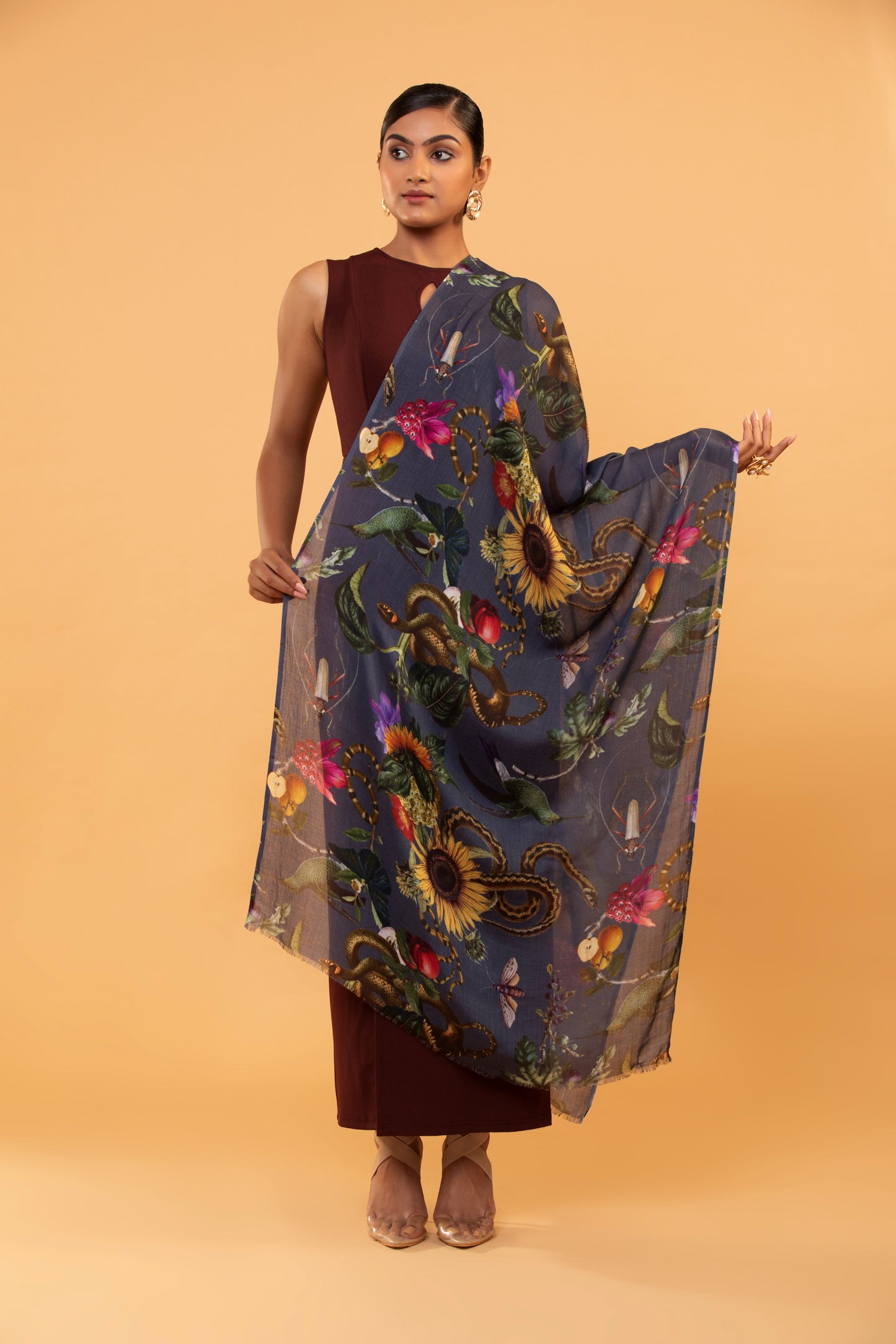 fine wool shawl, snake print shawl, designer wool wrap, luxury wool scarf, printed wool stole, women shawl