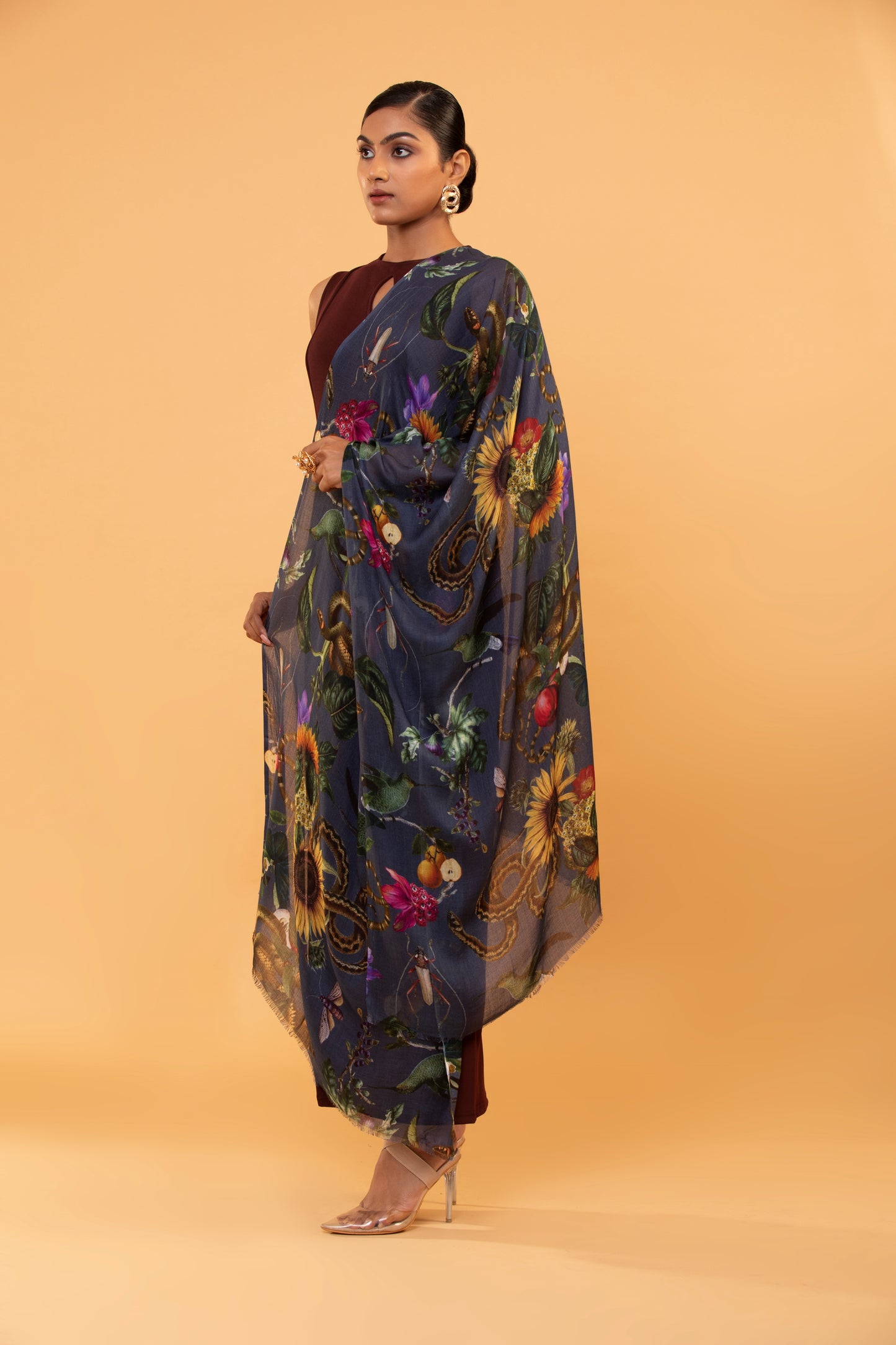 fine wool shawl, snake print shawl, designer wool wrap, luxury wool scarf, printed wool stole, women shawl