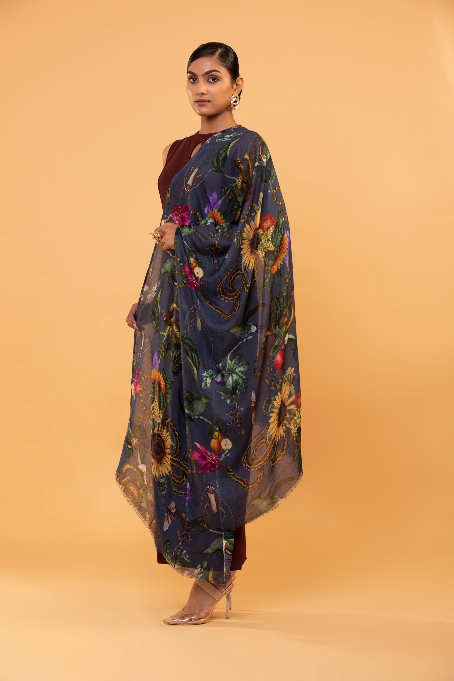fine wool shawl, snake print shawl, designer wool wrap, luxury wool scarf, printed wool stole, women shawl