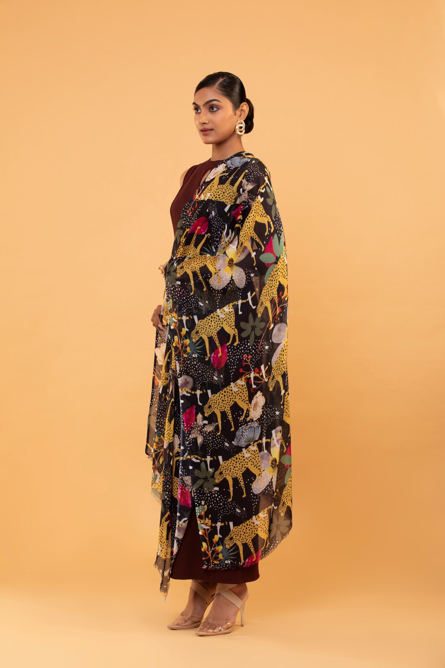 fine wool shawl, leopard print stole, wildlife print scarf, loom woven shawl, women’s wool accessory, women shawl
