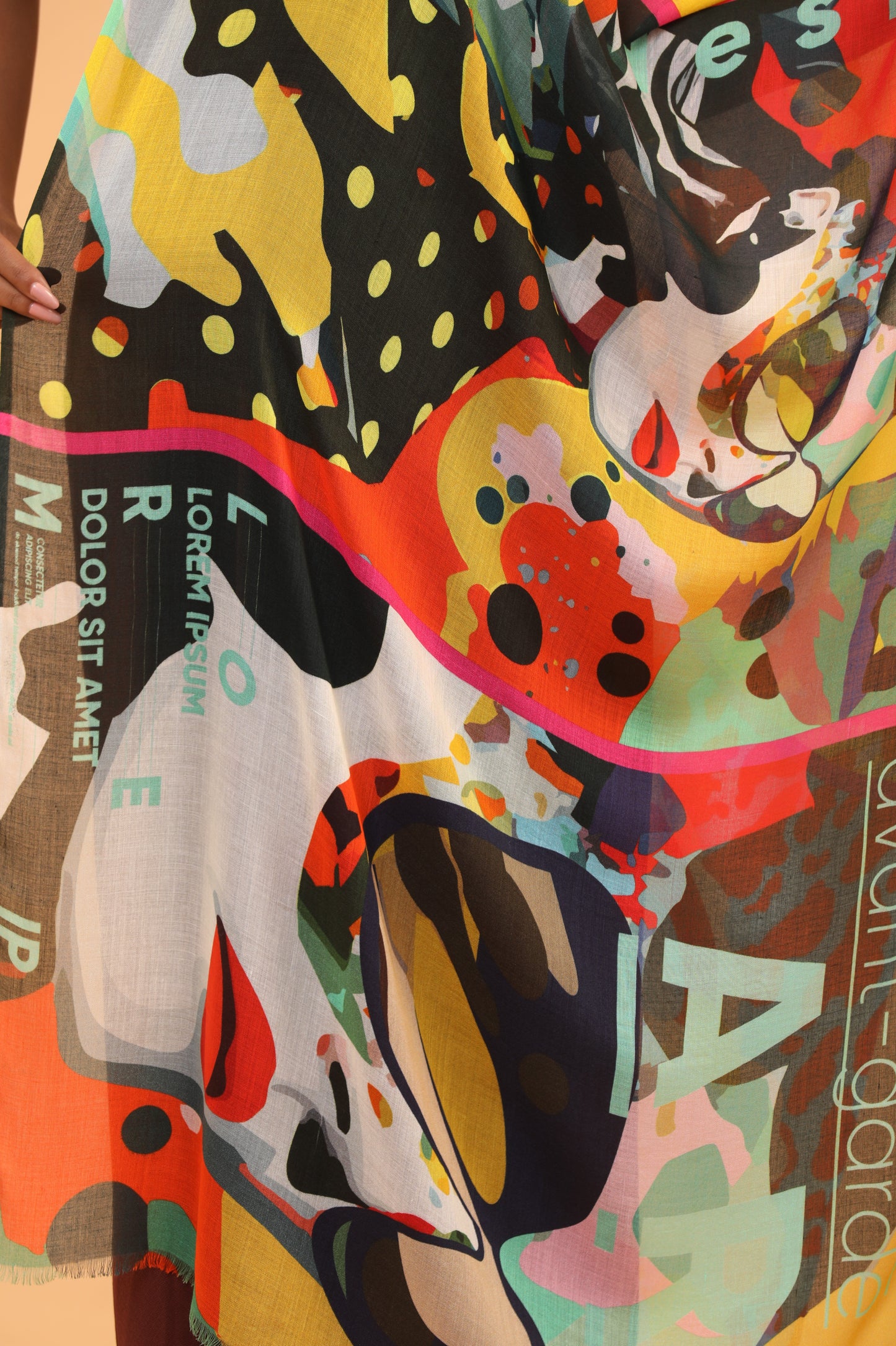 multi-colour shawl, fine wool scarf, abstract print shawl, wool accessory, colourful wool wrap