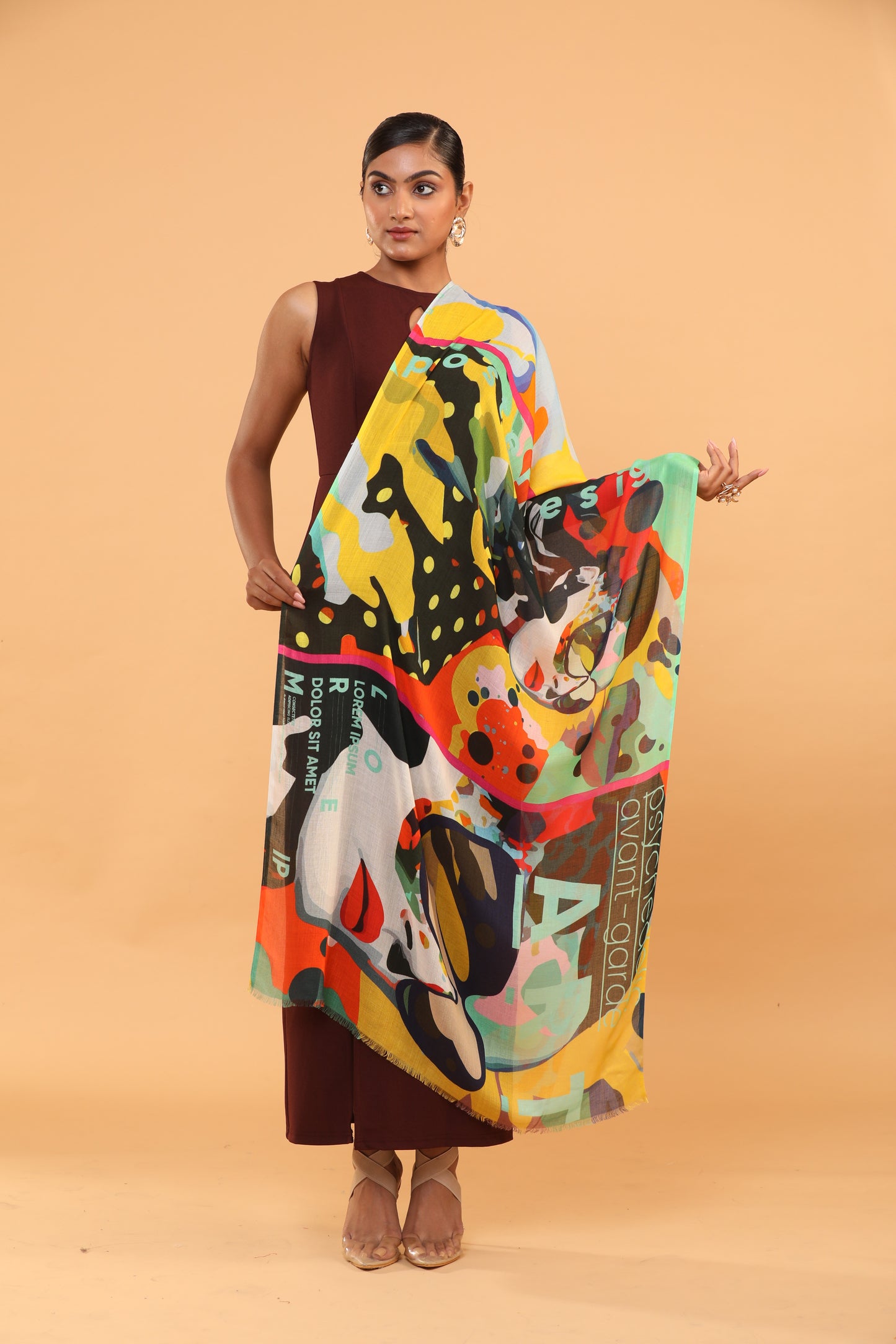 multi-colour shawl, fine wool scarf, abstract print shawl, wool accessory, colourful wool wrap