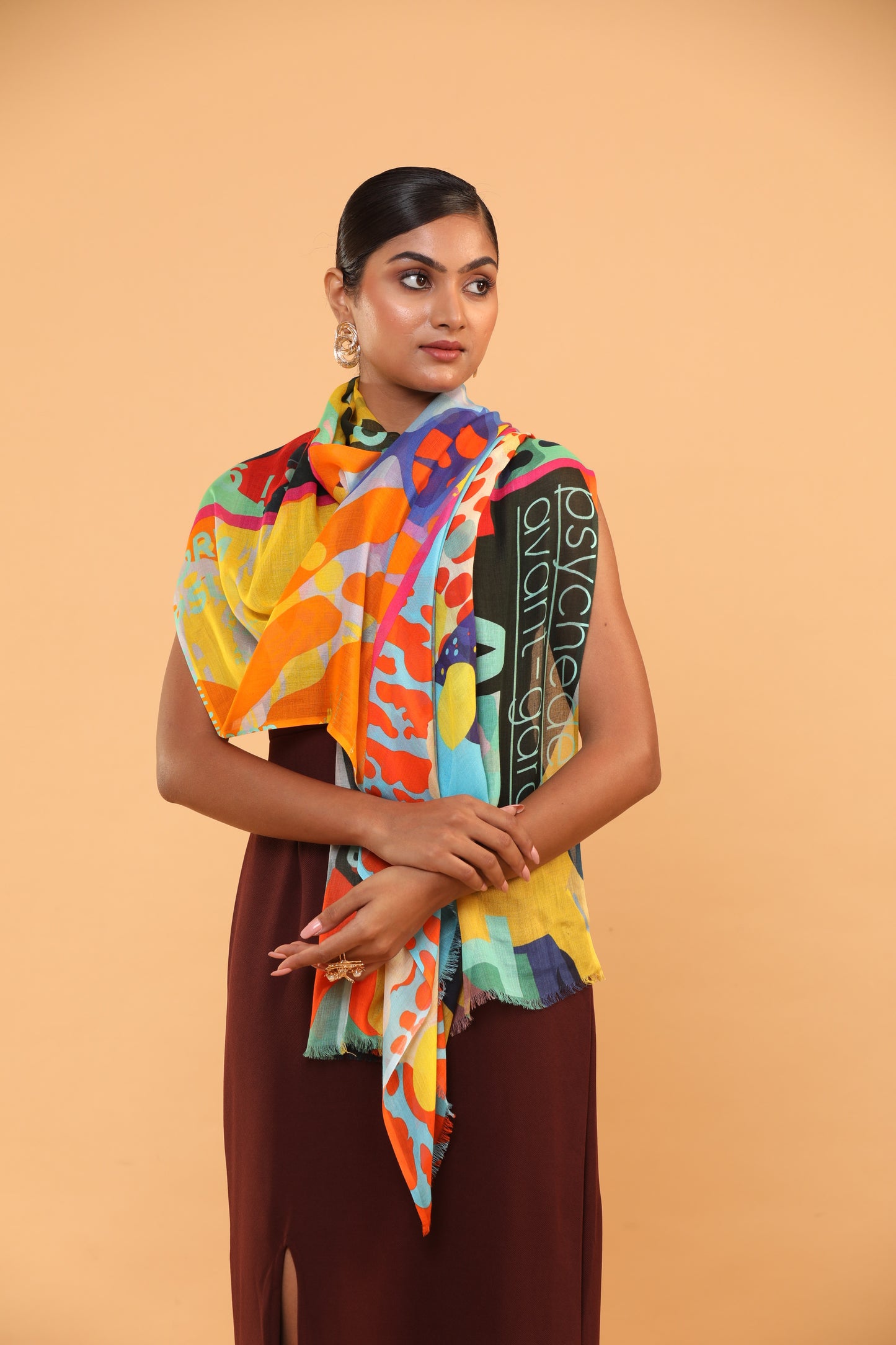 multi-colour shawl, fine wool scarf, abstract print shawl, wool accessory, colourful wool wrap