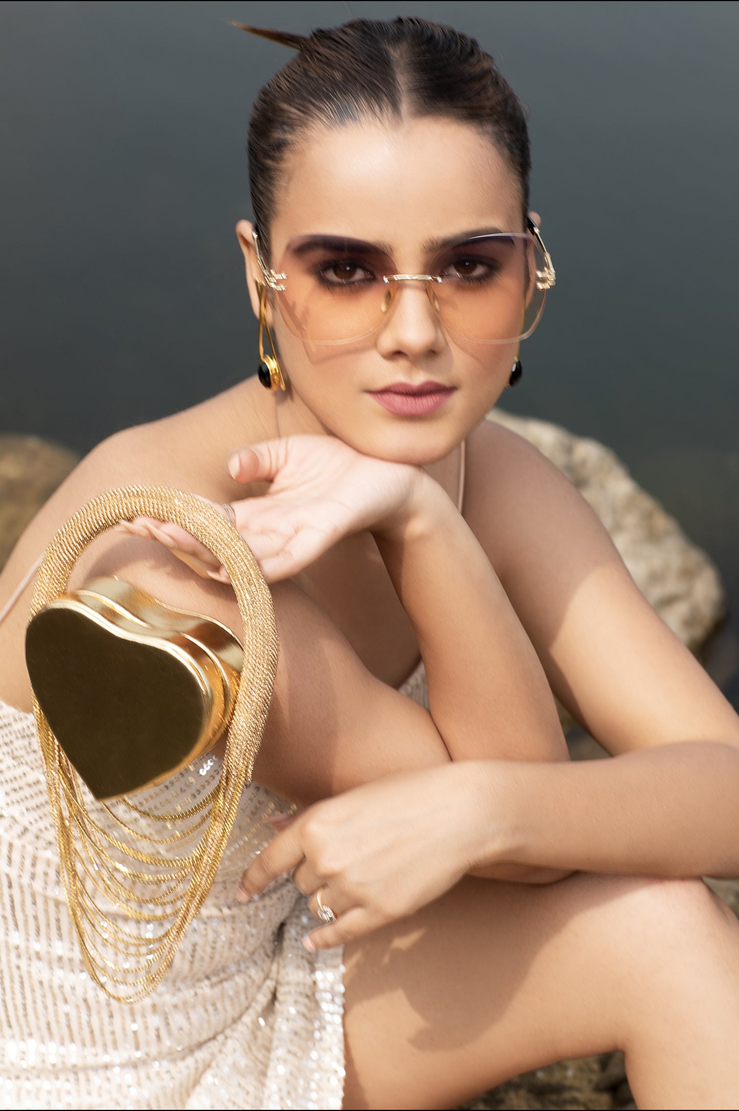heart shaped clutch, golden handbag, party clutches