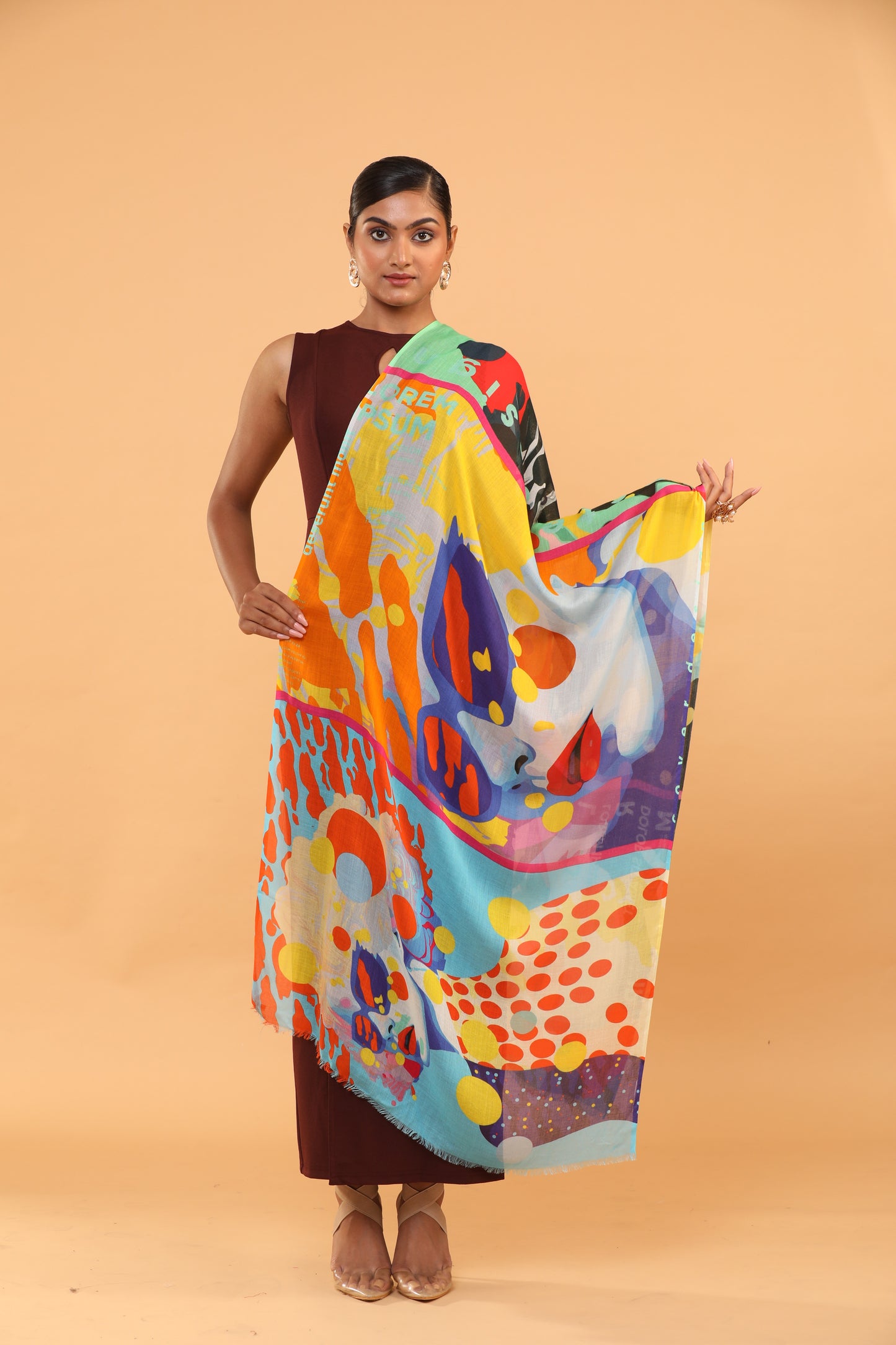 multi-colour shawl, fine wool scarf, abstract print shawl, wool accessory, colourful wool wrap