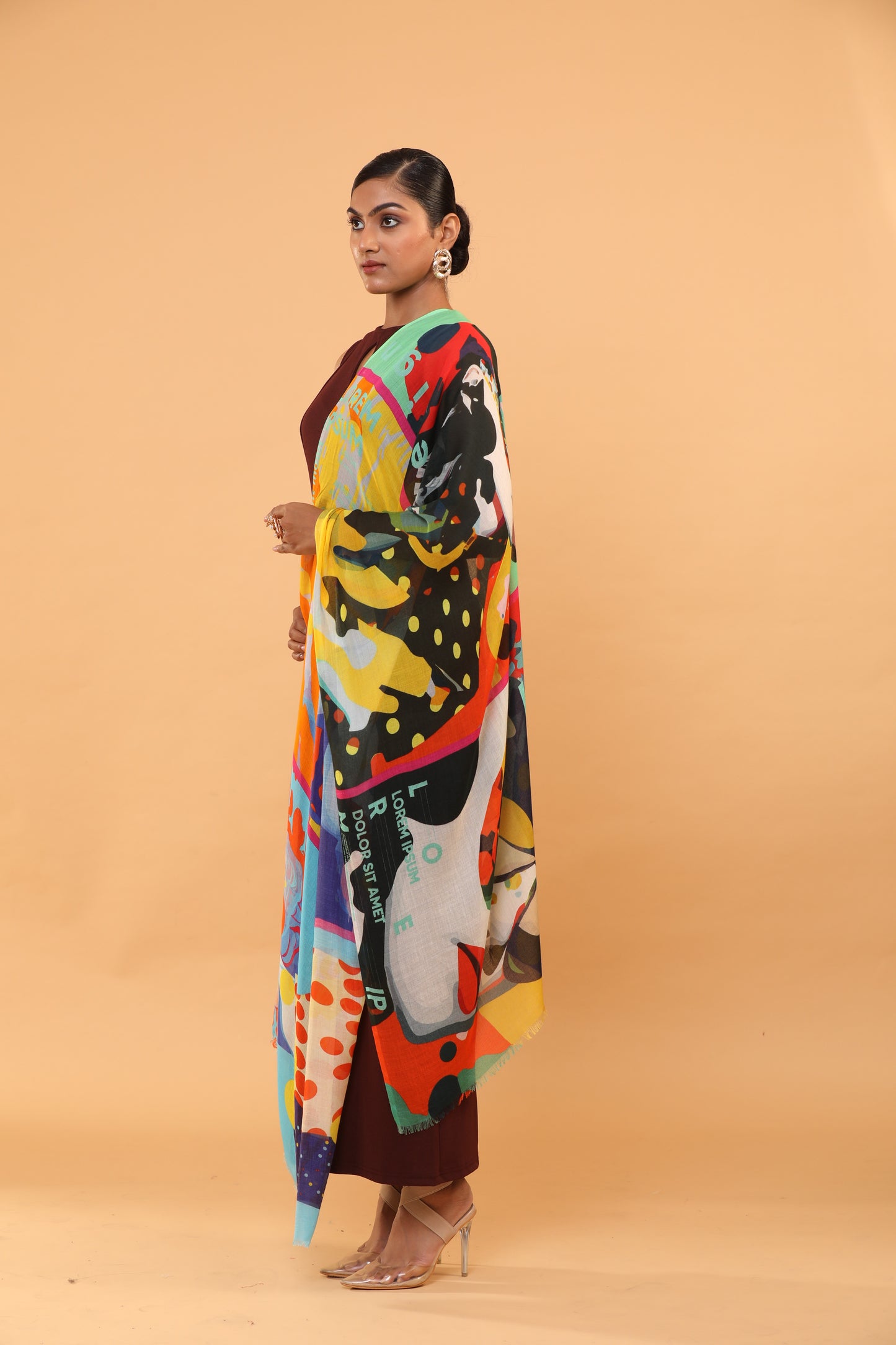 multi-colour shawl, fine wool scarf, abstract print shawl, wool accessory, colourful wool wrap
