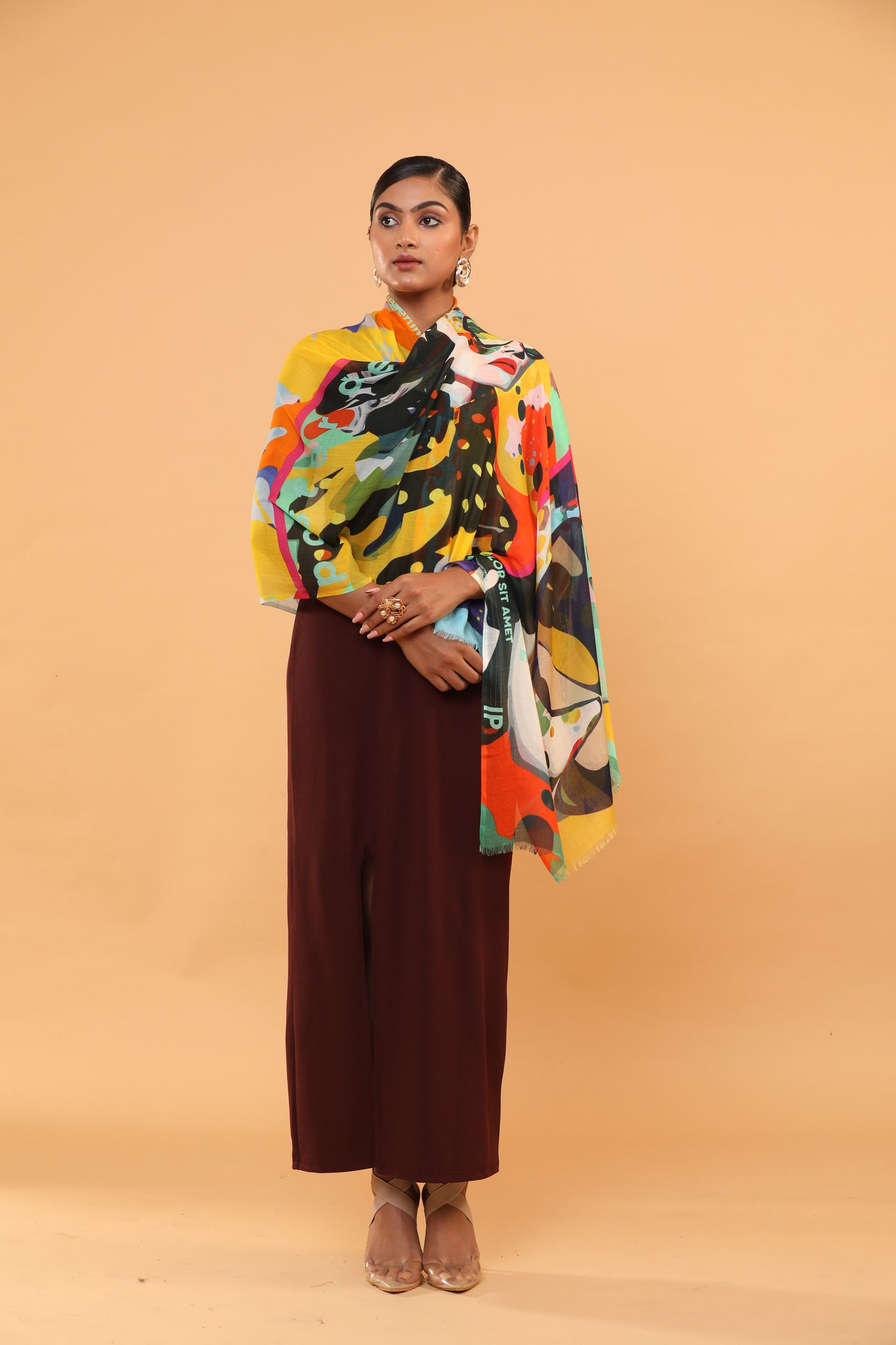 multi-colour shawl, fine wool scarf, abstract print shawl, wool accessory, colourful wool wrap