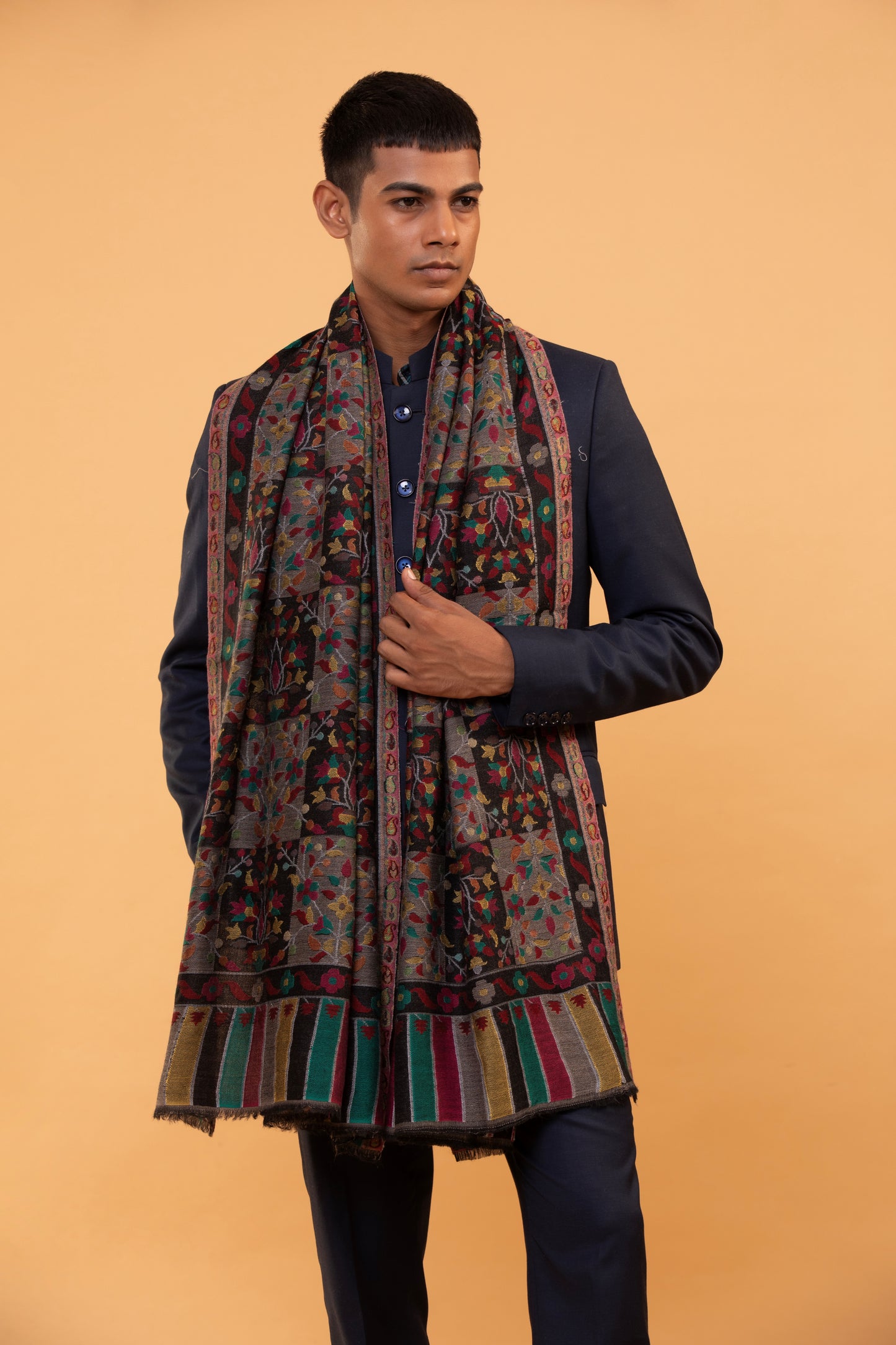 Kani shawl for men, dark navy Kani shawl, midnight black shawl, paisley wool shawl, soft wool winter wrap