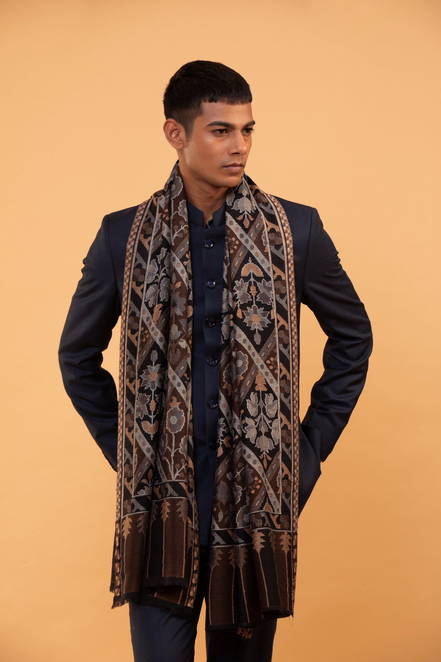 men's wool shawl, hand-embroidered shawl, luxury men's wrap, fine wool men's shawl, brown wool stole