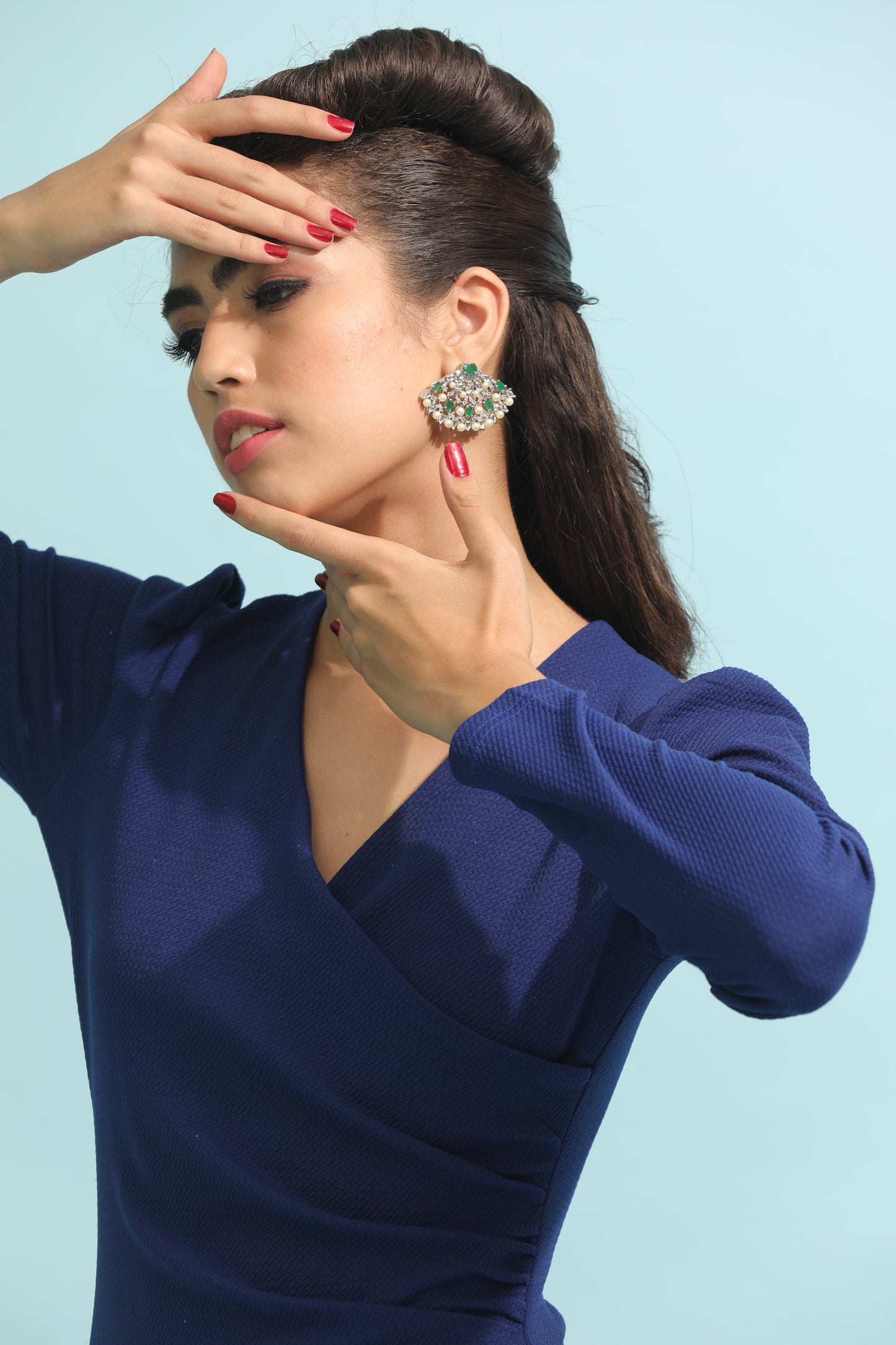 Exotic Japanese Fan Earrings: Unique earrings with emerald, pearls, and Swarovski crystals for women." "Elegant Emerald and Pearl Earrings: Elevate your look with these statement earrings, perfect for any occasion