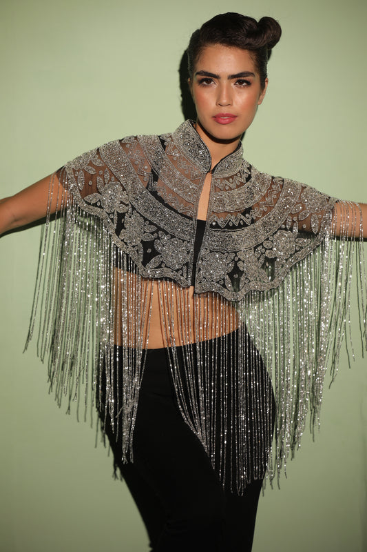 Handcrafted Silver Beaded Cape for Sarees: Intricate embroidery and stylish design." "Stylish Cape for Gowns: Perfect accessory for adding glamour to your ensemble.