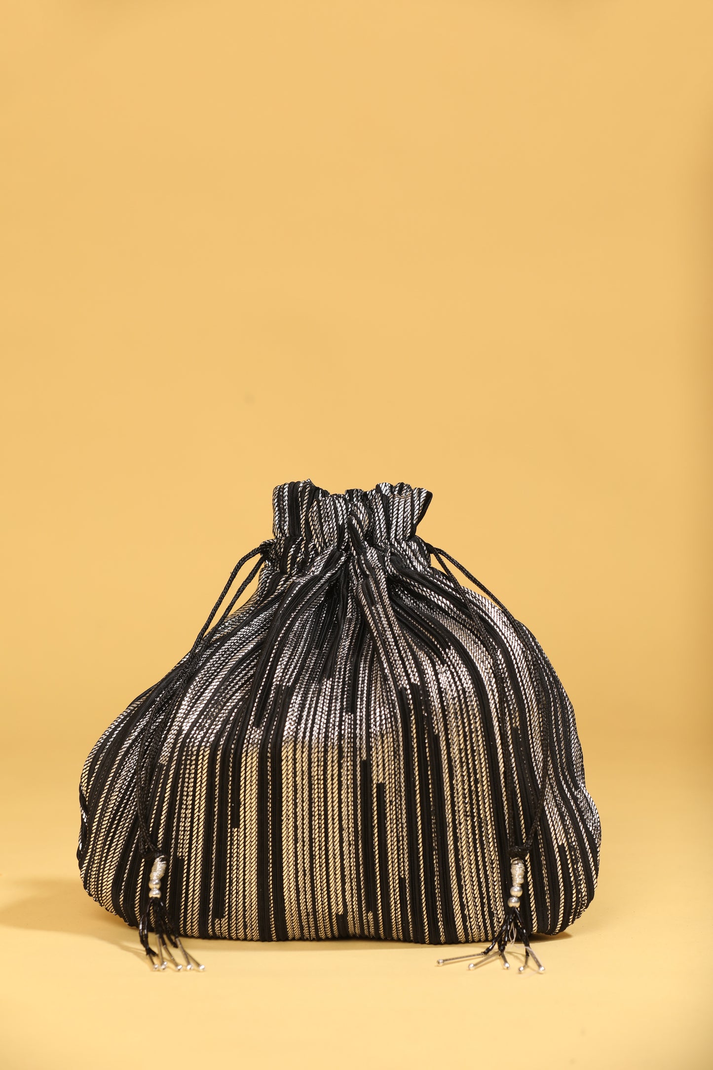 Black bead work potli bag, sequin potli bag, long tassel potli, black ethnic bag, glorious tower black potli bag
