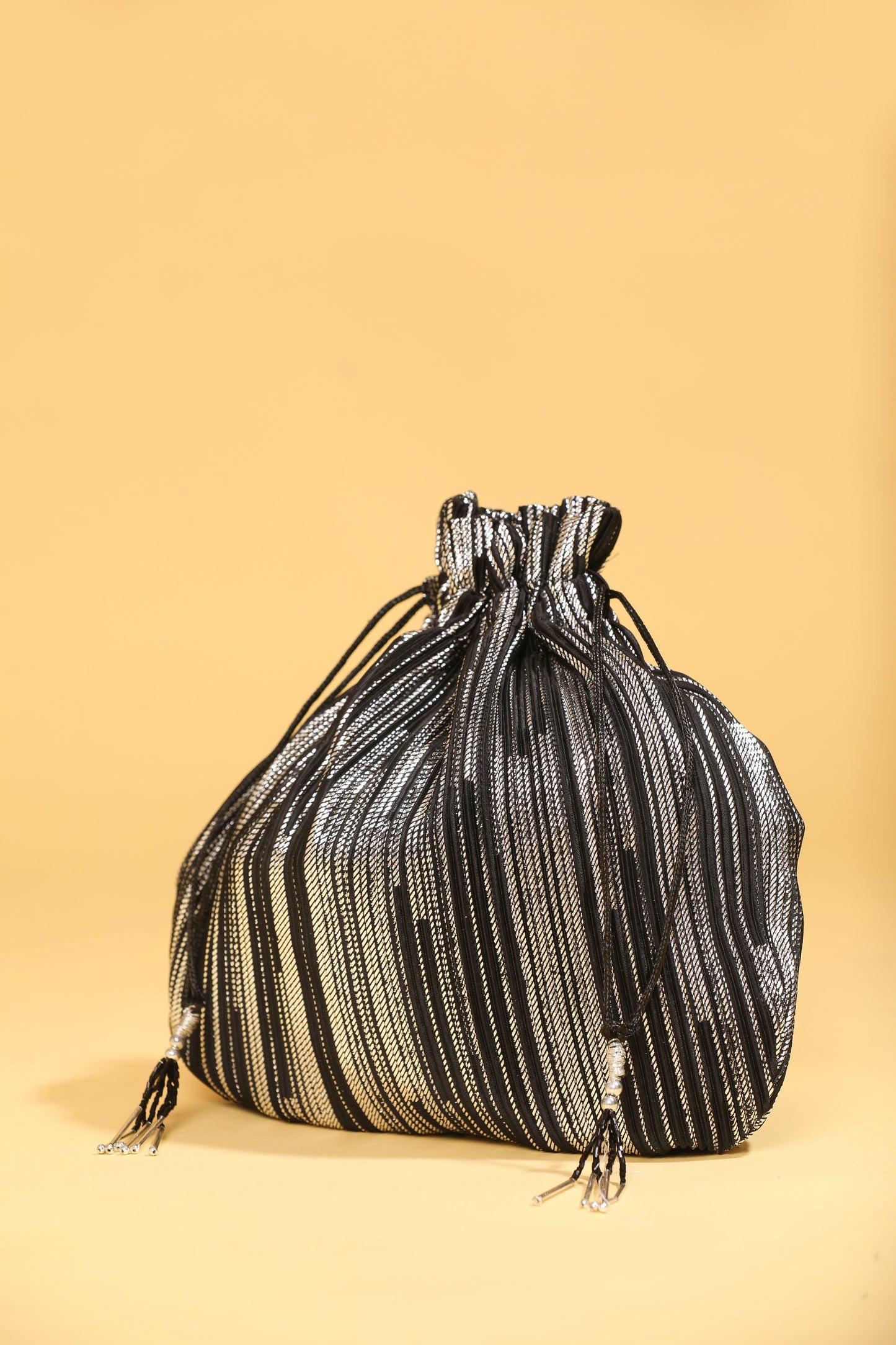 Black bead work potli bag, sequin potli bag, long tassel potli, black ethnic bag, glorious tower black potli bag