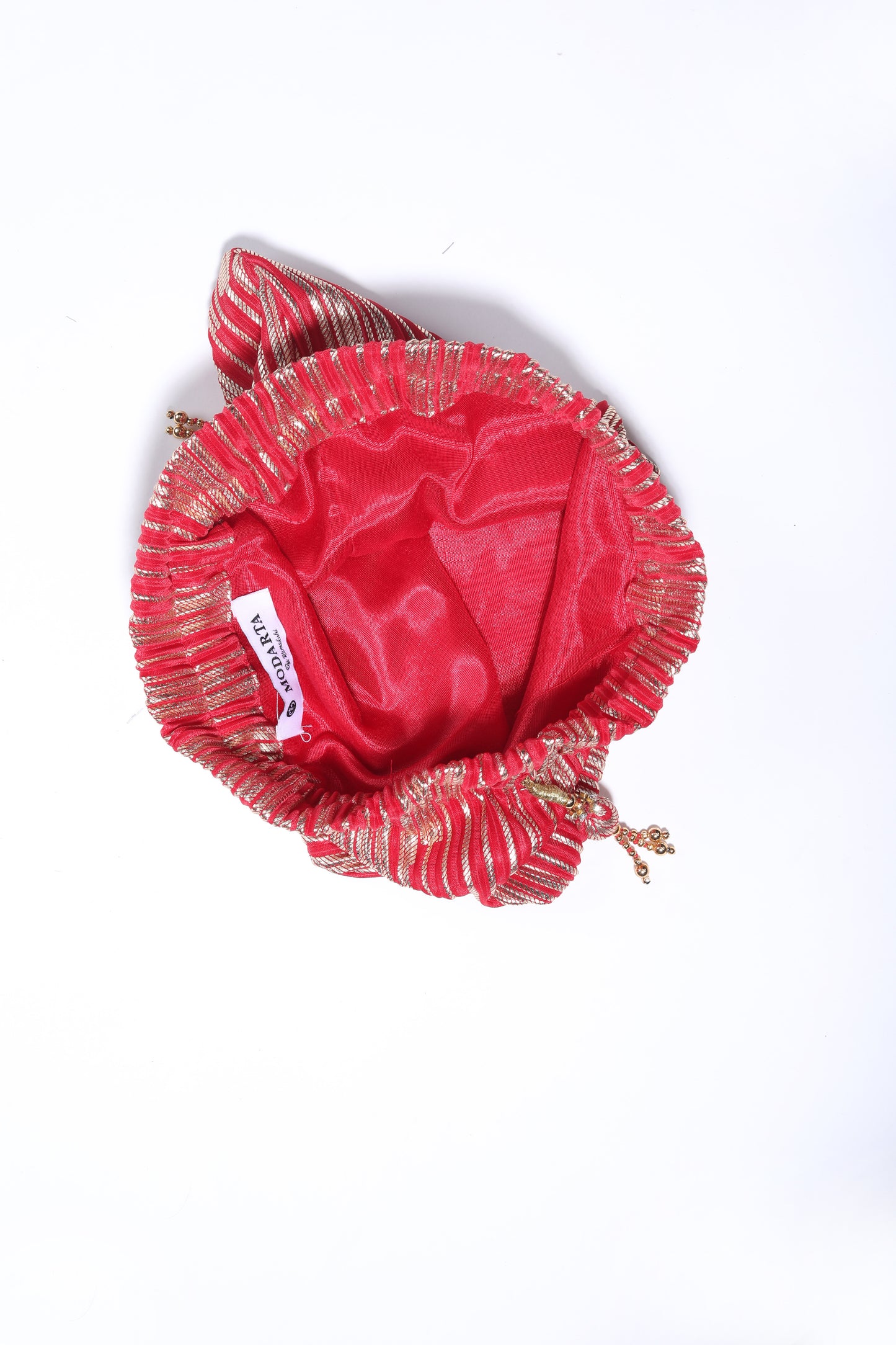 red bead work potli bag, sequin potli bag, long tassel potli, red ethnic bag, glorious tower red potli bag