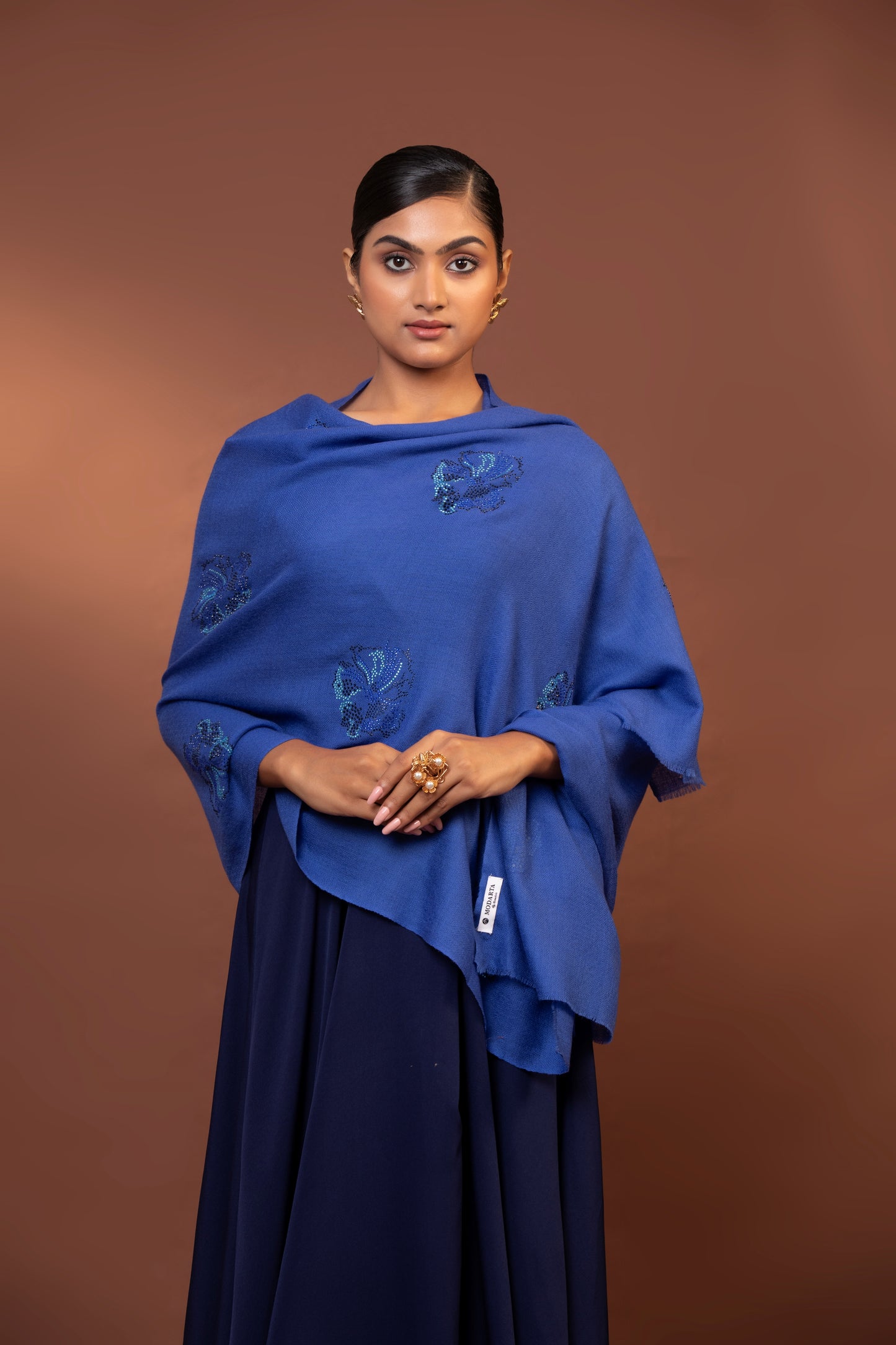 royal blue wool shawl, hand crystal work shawl, fine wool accessory, elegant wool wrap, small crystal shawl
