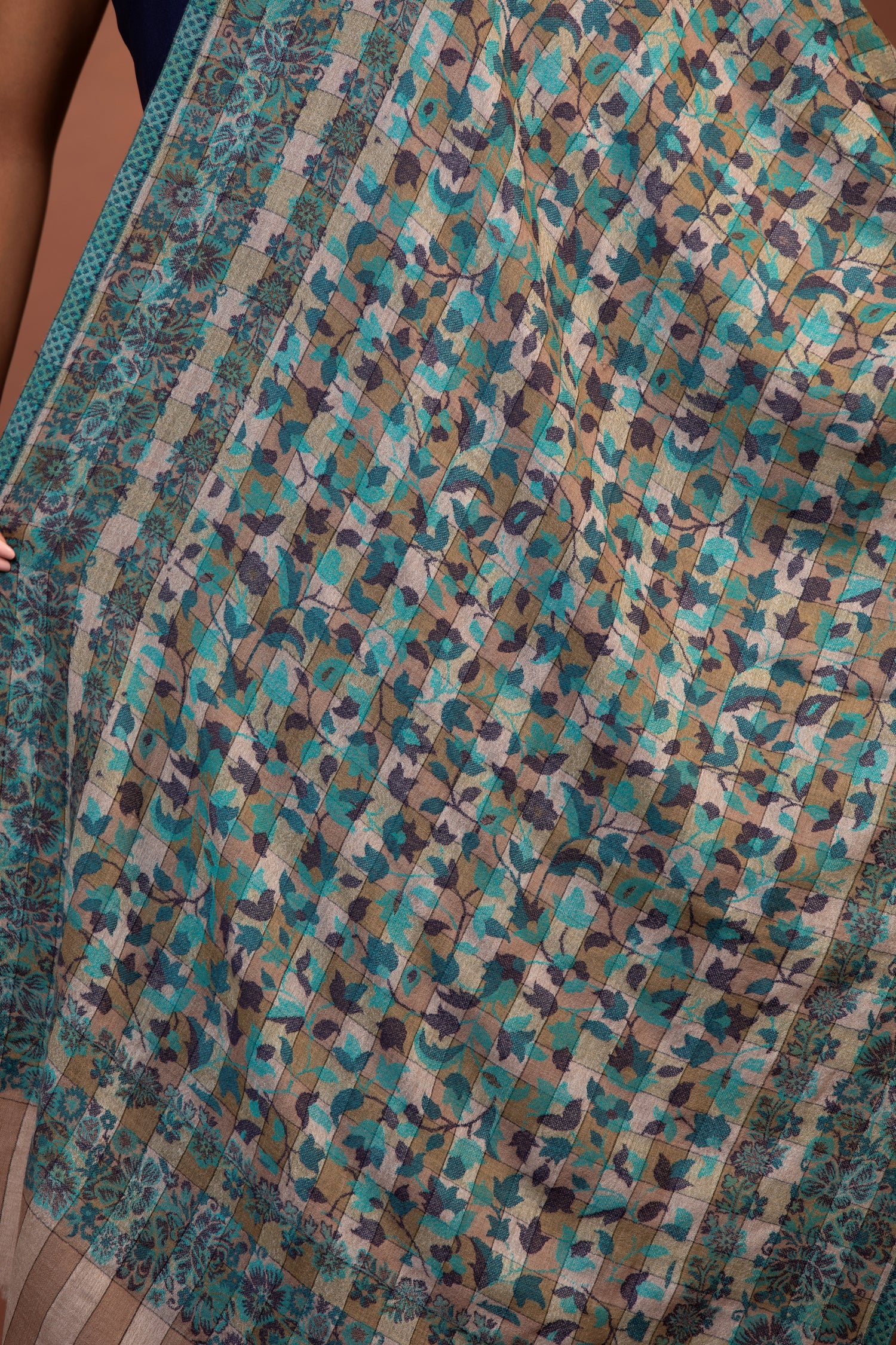 blue checked shawl, floral design wool shawl, fine wool shawl, striped border wrap, checked floral shawl