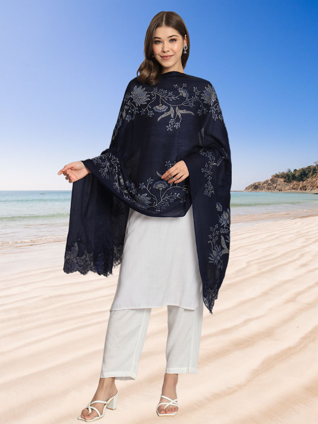 Blue Shawl with Floral Swarovski Design and Lace