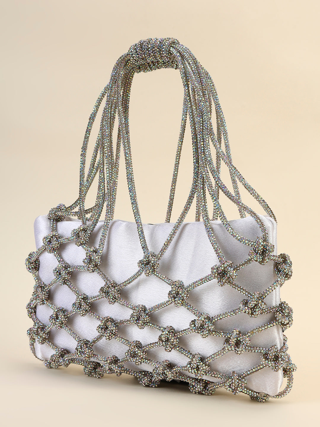 Silver Knot Crystal Bag with Satin Pouch – Luxe Party Clutch