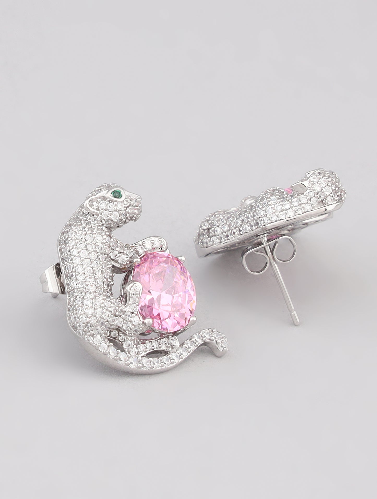 pink stone earrings, tiger earrings, silver earrings,silver studs,diamond studded earrings, animal earrings, diamond earrings for women