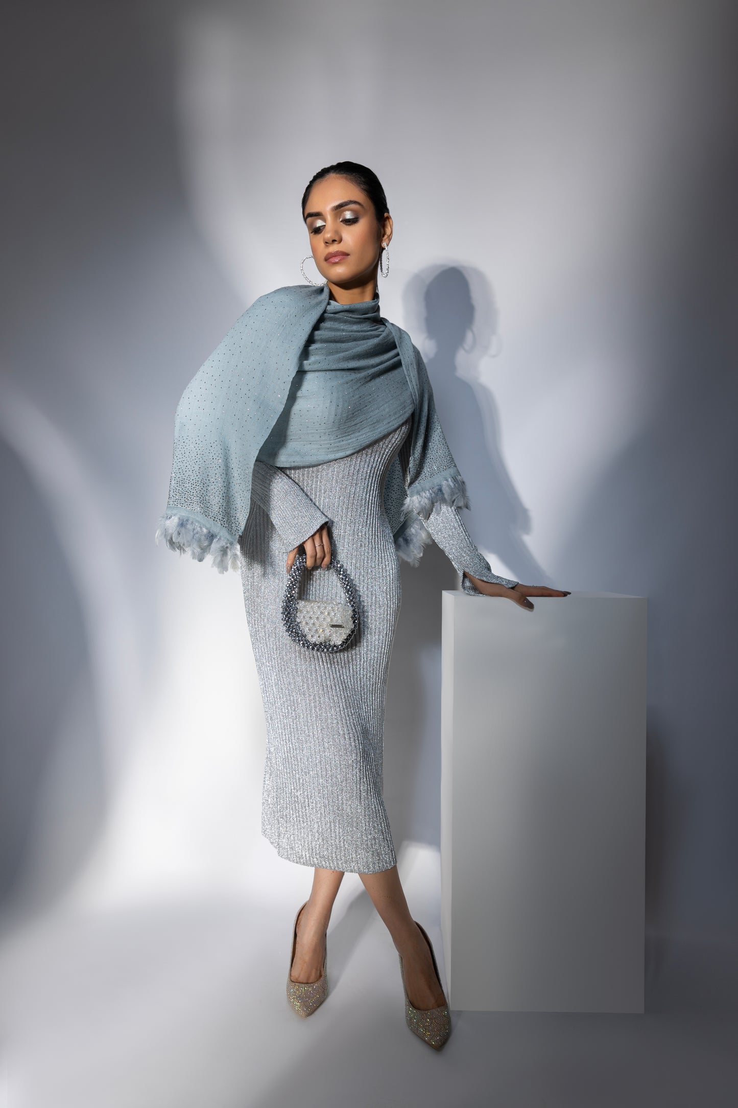Grey Shawl with Feathers and Swarovski, ideal dress fur shawl