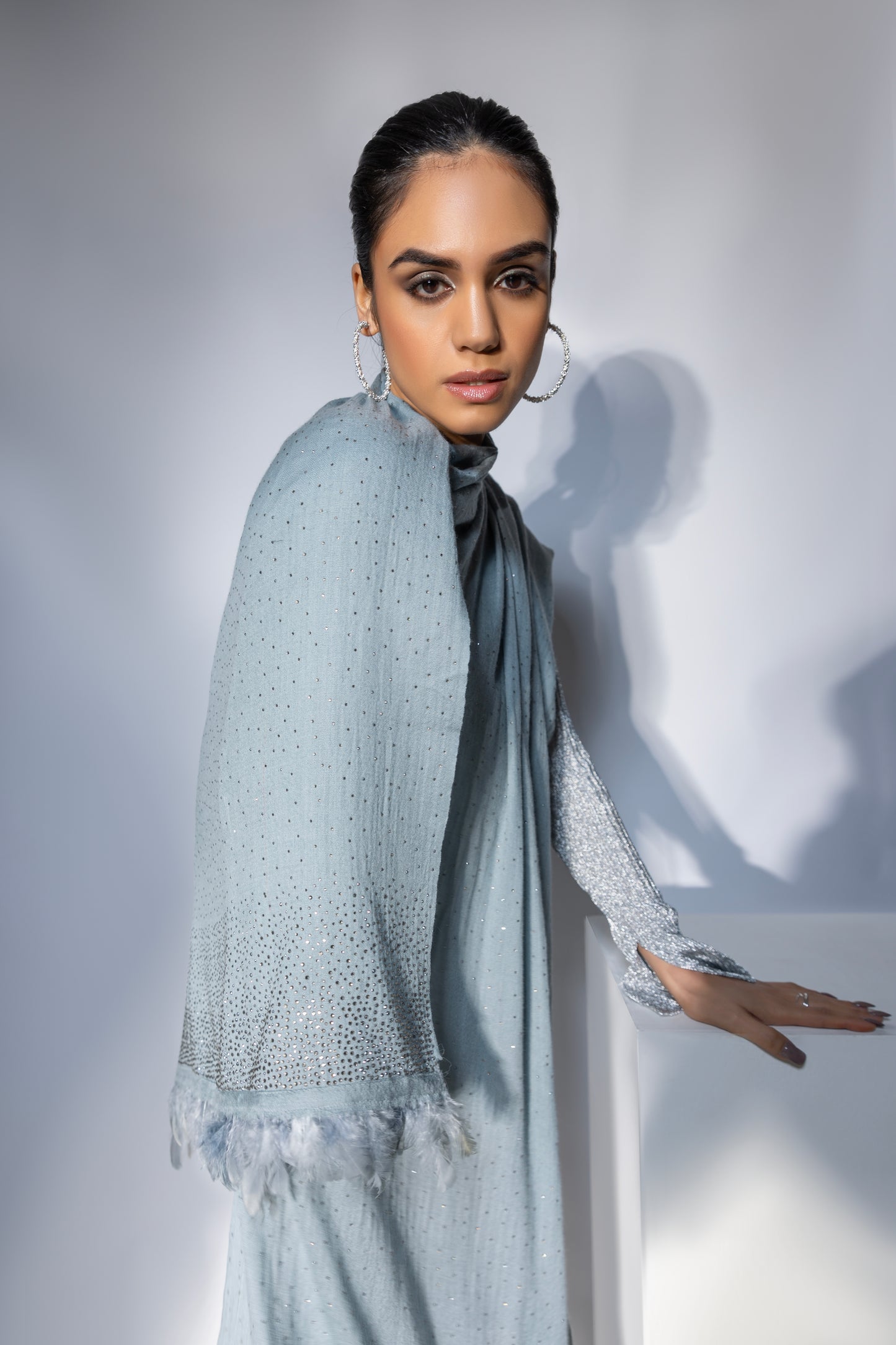Grey Shawl with Feathers and Swarovski, ideal dress fur shawl