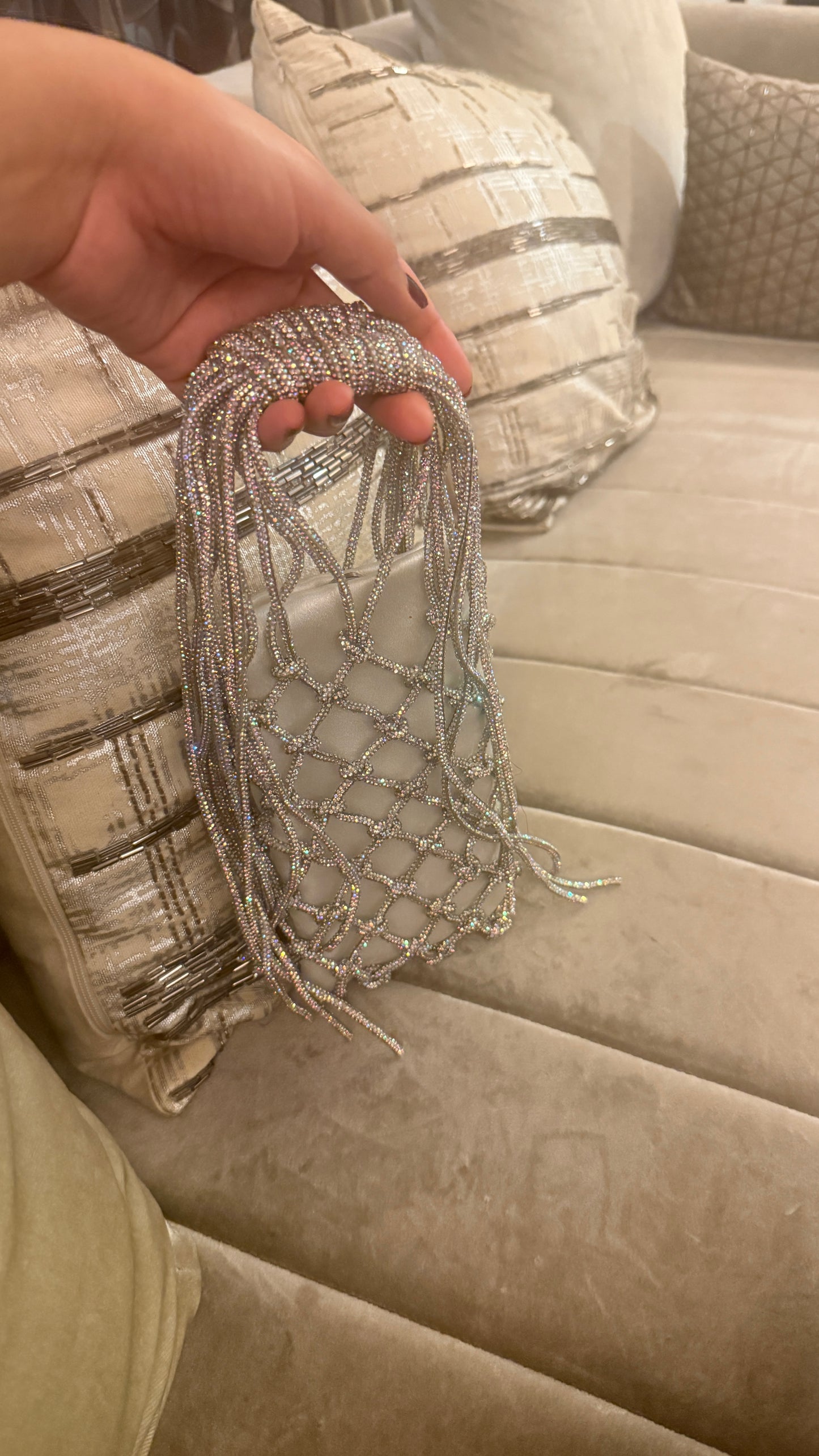 Silver Crystals Handbag – Network Beaded Evening Party Clutch