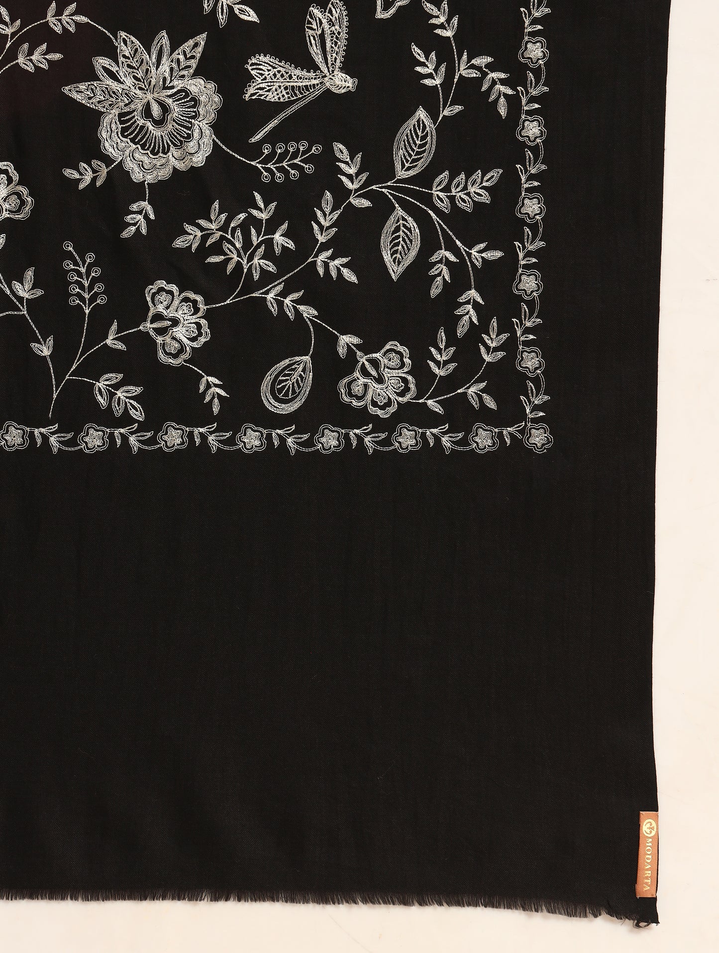 Black Fine Wool Shawl with All-Over Floral Embroidery Work