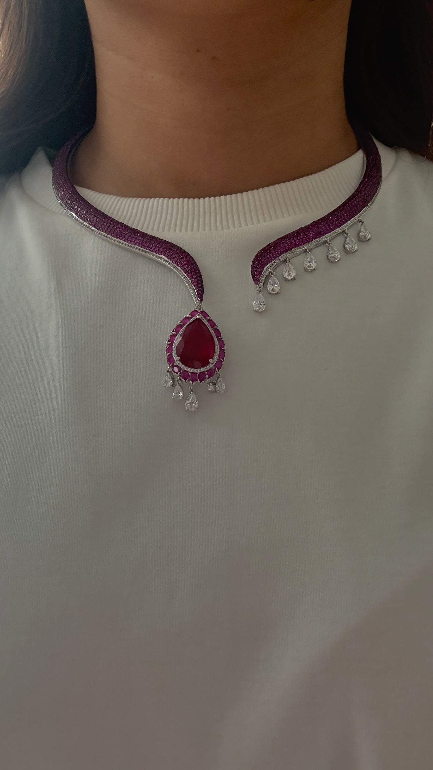 Close-up of red crystal necklace set for weddings