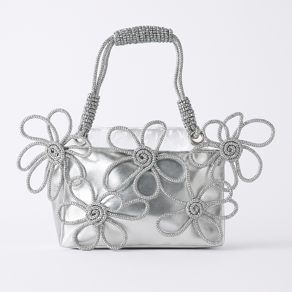 Transparent Tote Bag with Silver Floral Embroidery – Stylish Accessory