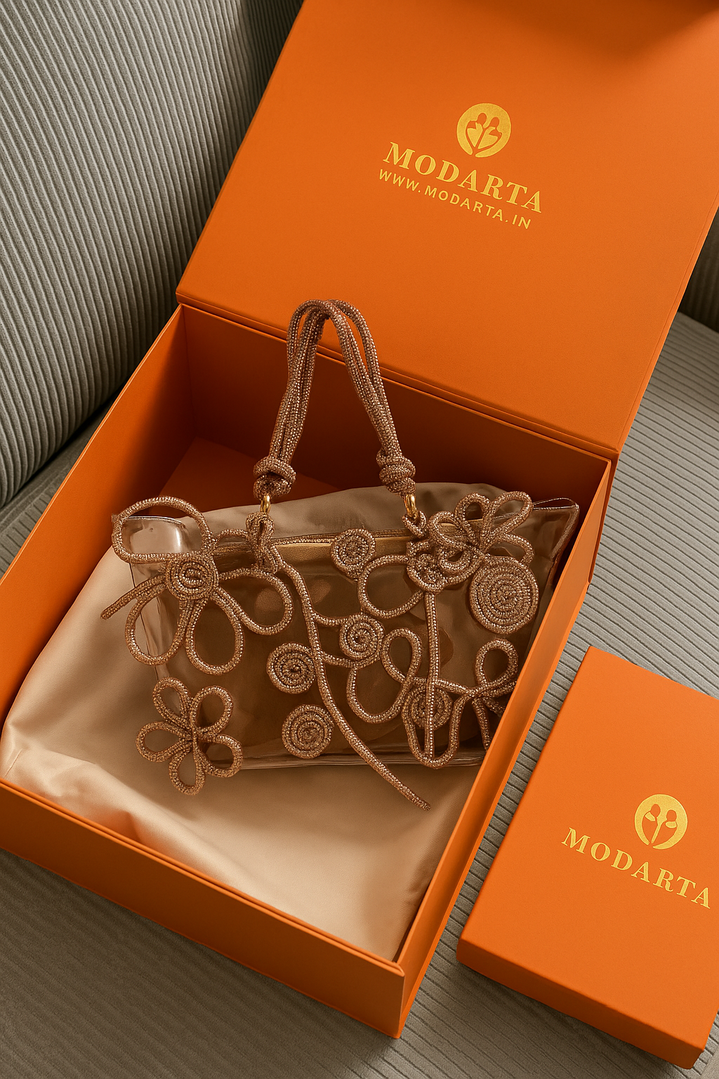 Transparent Tote Bag with Rose Gold Floral Detailing – Chic Look