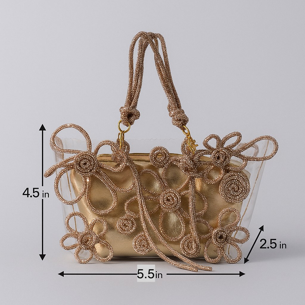 Transparent Tote Bag with Rose Gold Floral Detailing – Chic Look
