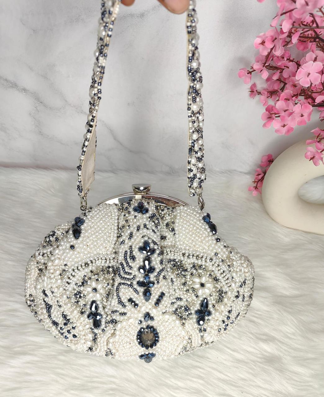 White Designer Purse with Pearls for Brides