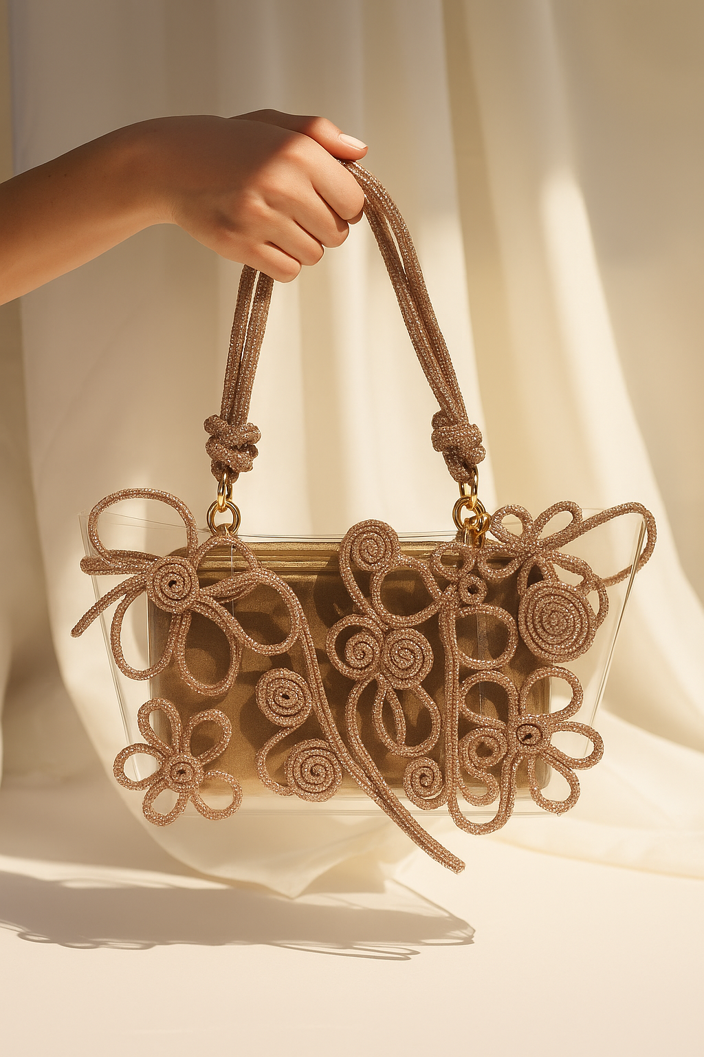 Transparent Tote Bag with Rose Gold Floral Detailing – Chic Look