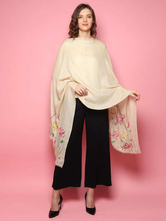 White Pure Pashmina Shawl with hand embroidered floral lotus pattern