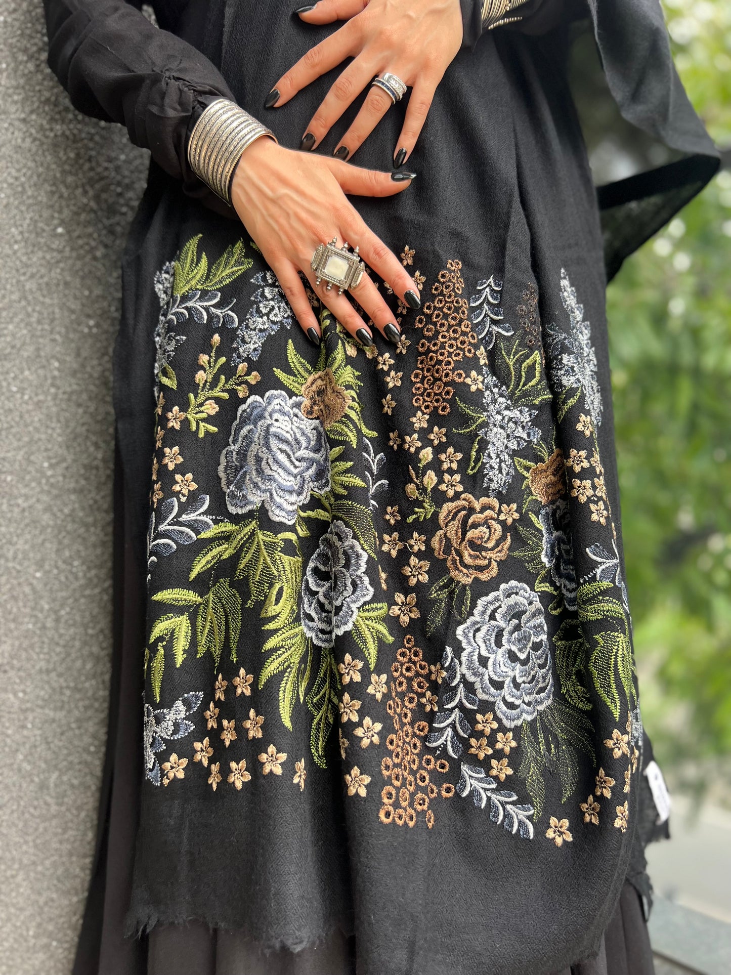 Mehakk Jian in Modarta Black Shawl, embroidered shawl