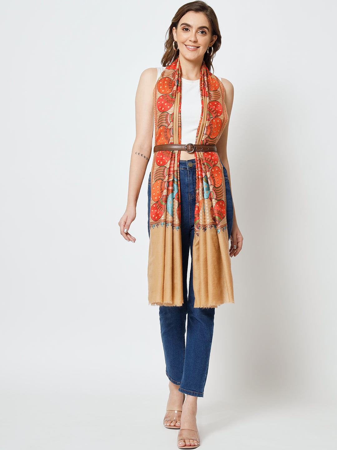 Brown Shawl with Embroidered Ethnic Motifs