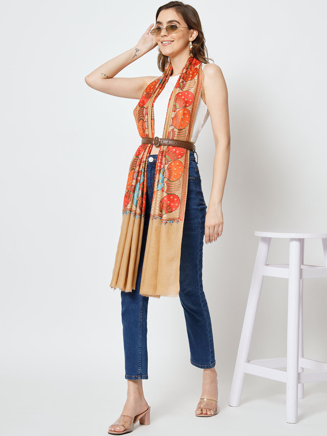 Brown Shawl with Embroidered Ethnic Motifs