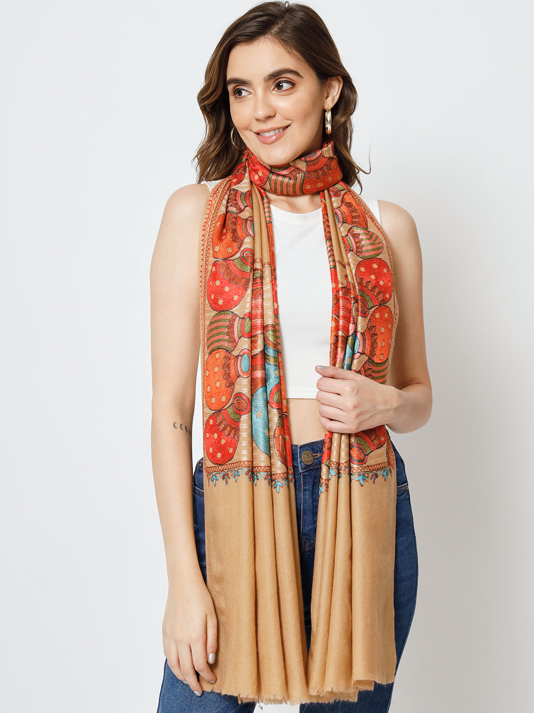 Brown Shawl with Embroidered Ethnic Motifs