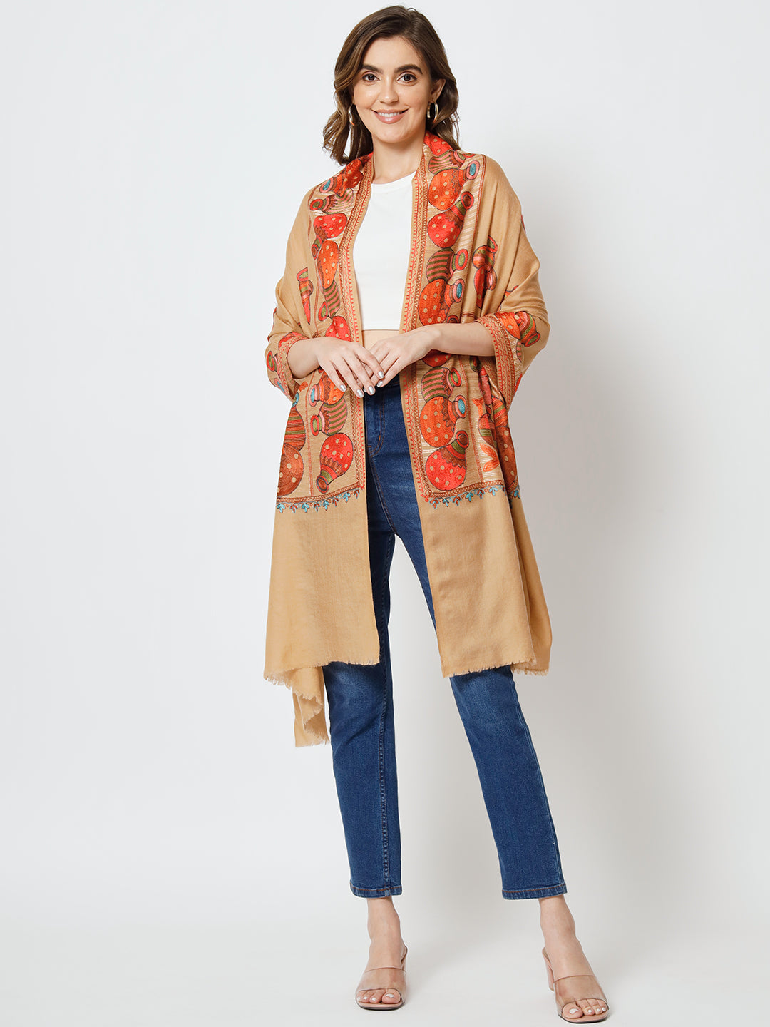 Brown Shawl with Embroidered Ethnic Motifs