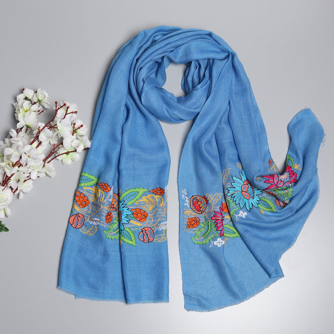 blue shawl, embroidered shawls, buy pashmina shawl online