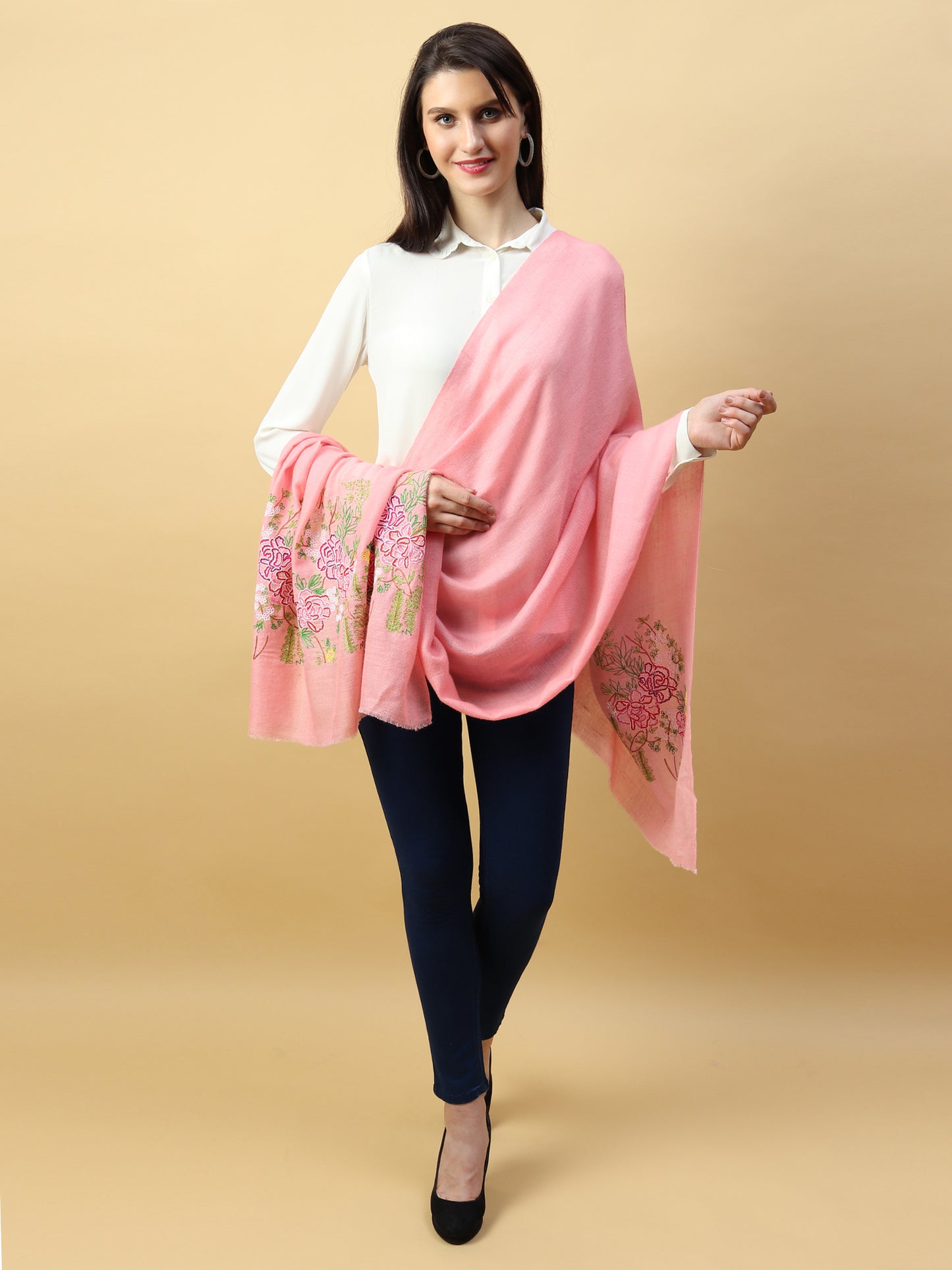 pink shawl online, hand embroidered pashmina online