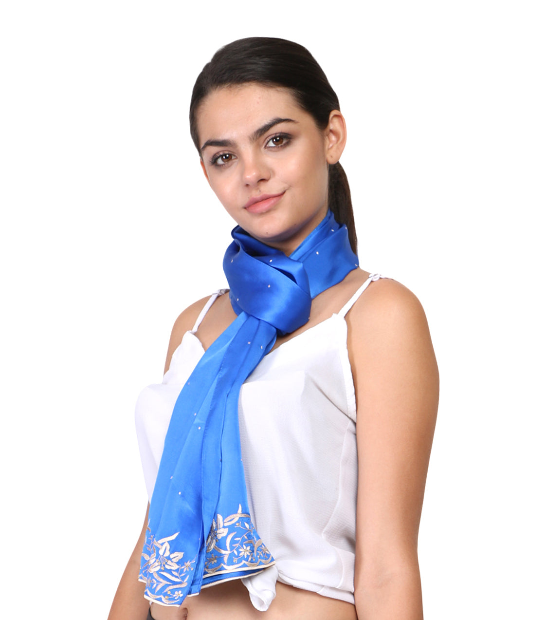 blue scarf with parsi hand embroidery border