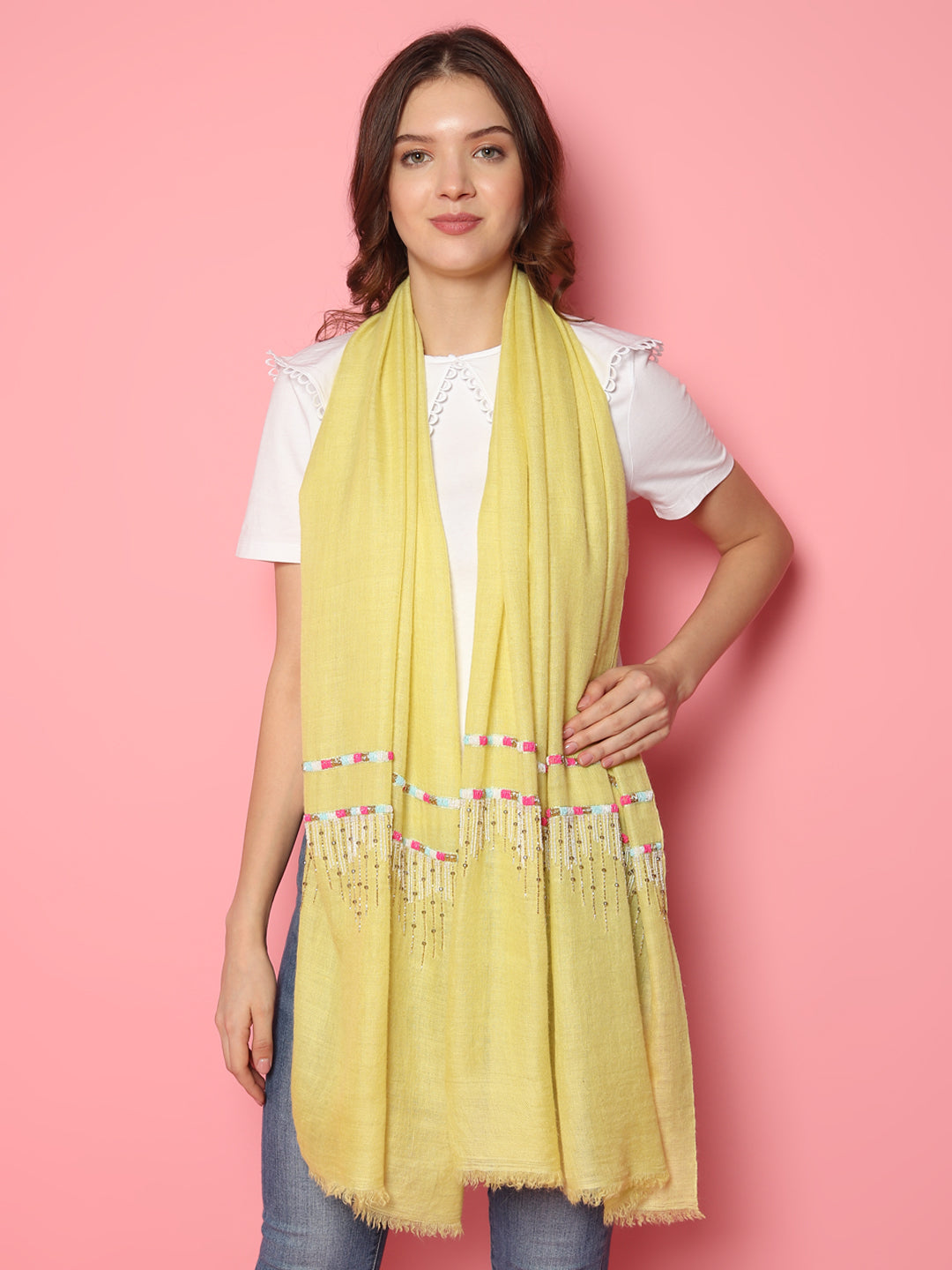 lemon yellow shawl, buy pashmina shawls, pure pashmina stoles, hand embroidered shawls online, handmade shawls by modarta 