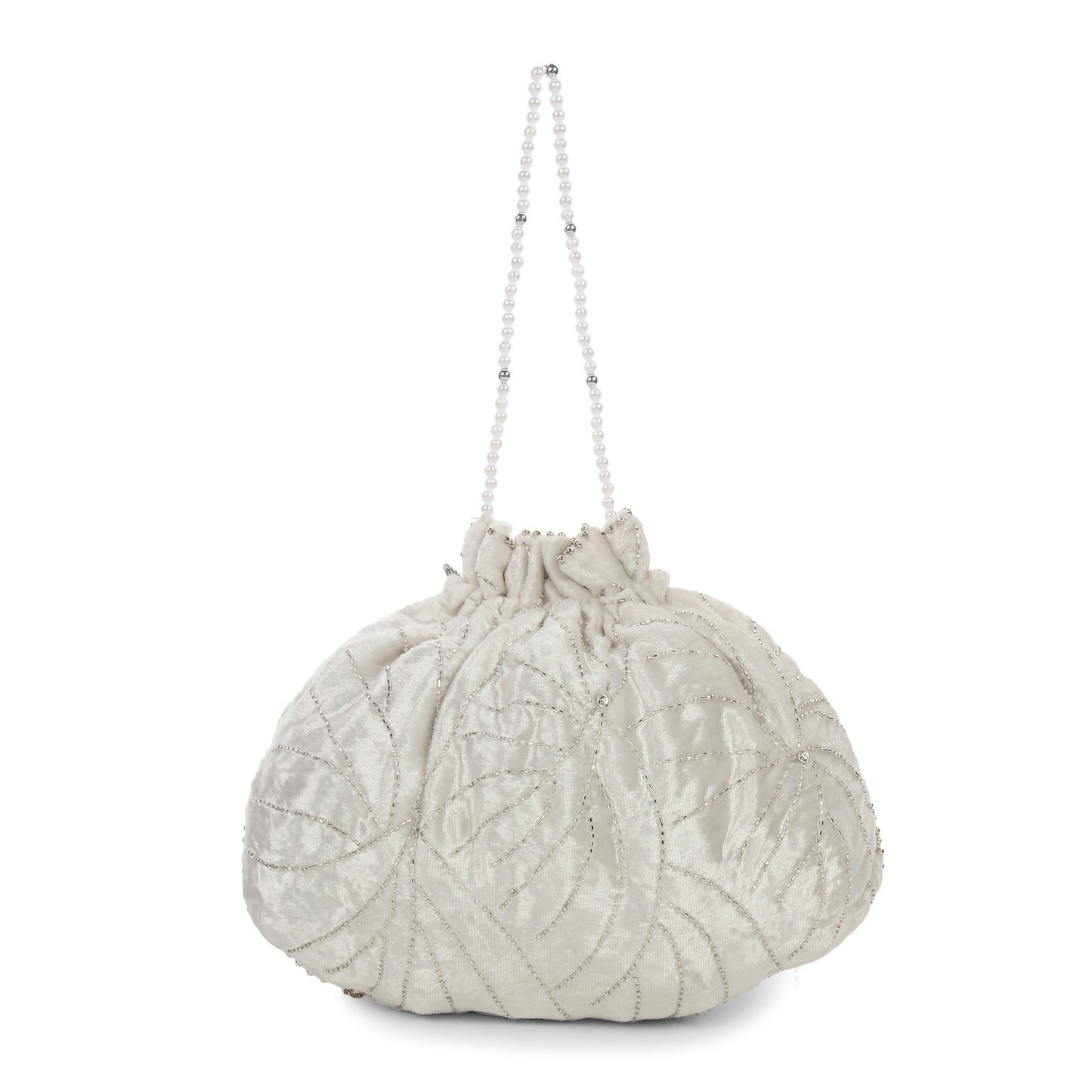 white potli bag with swarovski and pearls